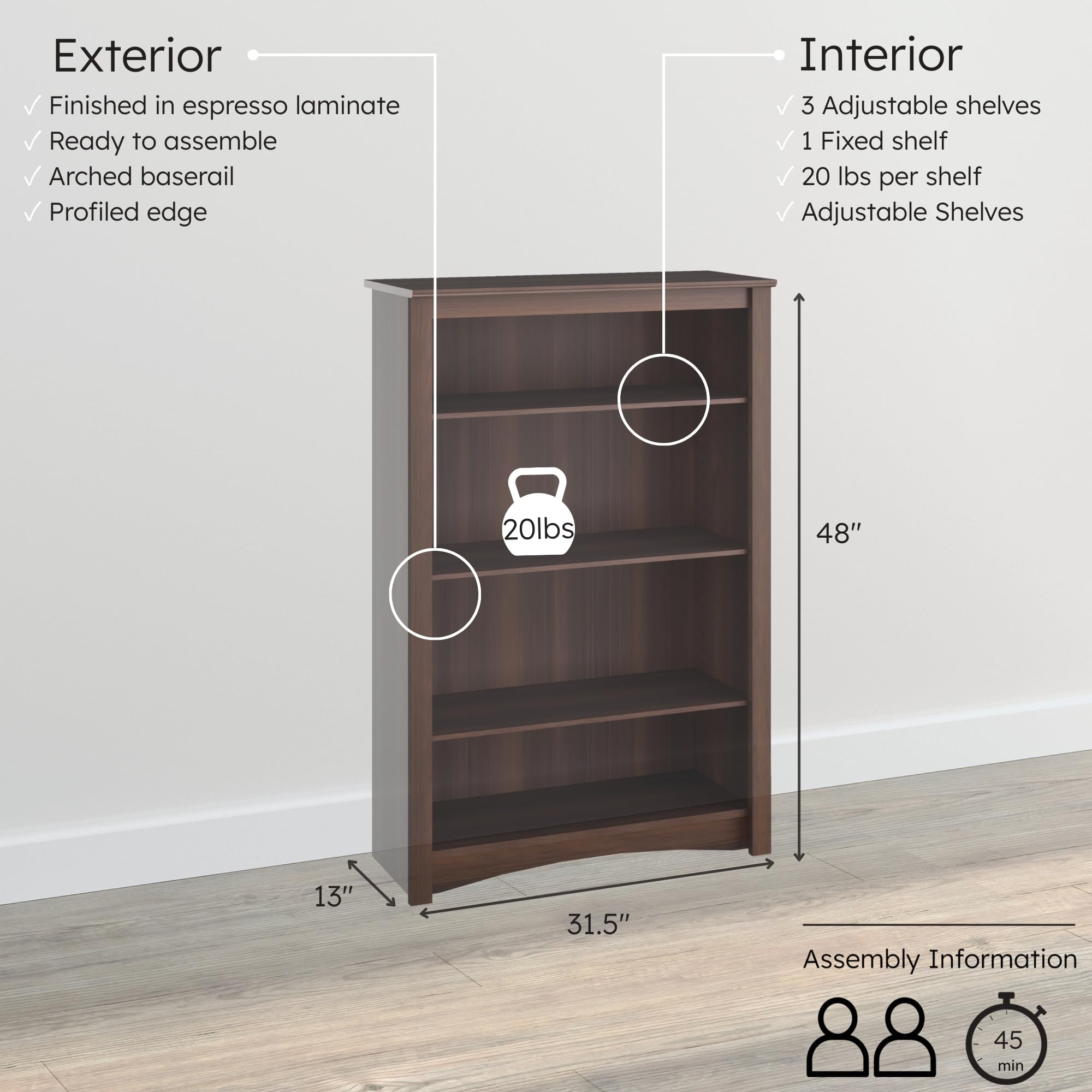 Snapklik.com : Prepac Sonoma 4-Tier Bookcase 48