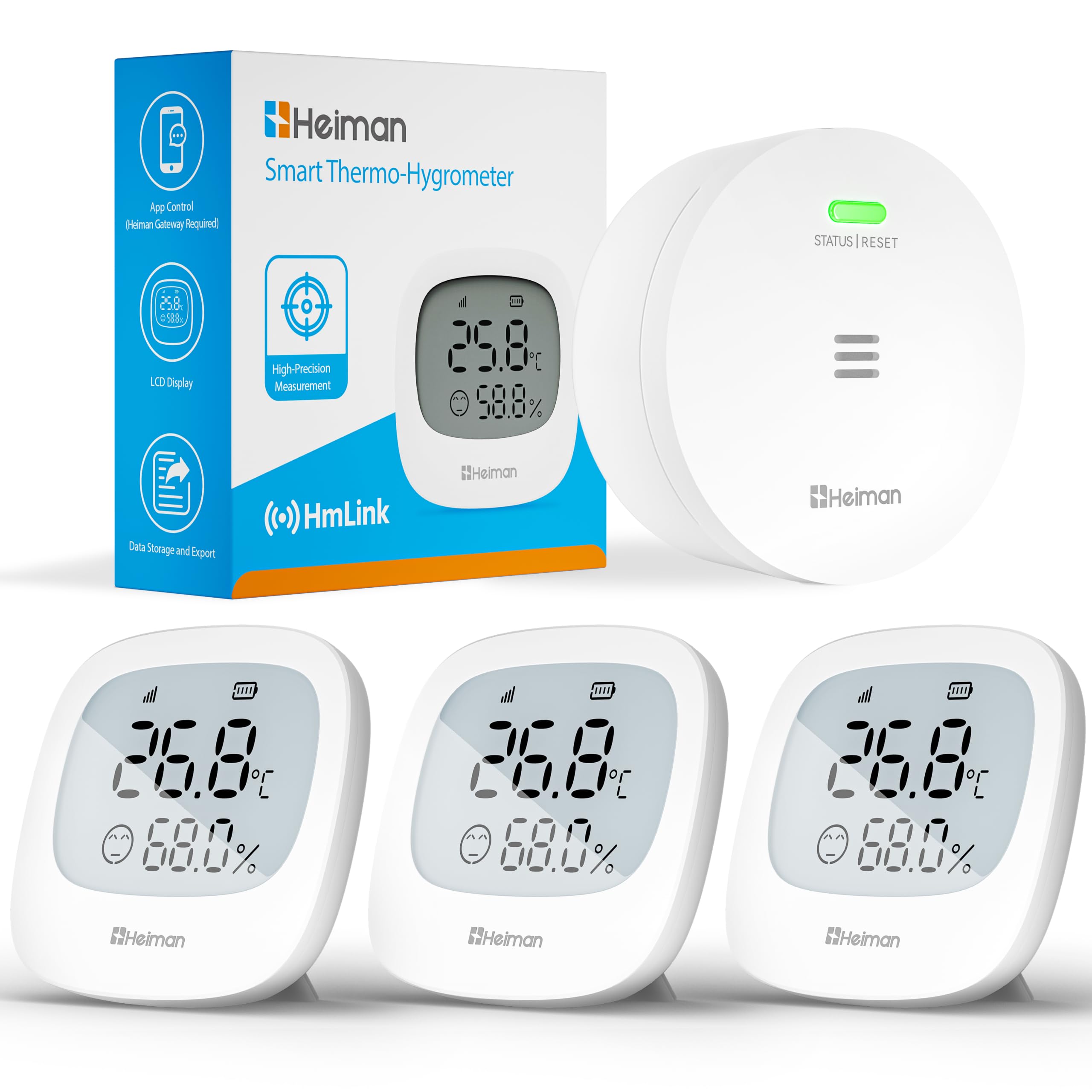 Heiman Smart Thermometer Hygrometer Innen HS3HT-2R mit Heiman Gateway | 3x Thermo-Hygrometer mit LCD, Raumklima-Monitoring per App, Datenexport, kompatibel mit Google Home, IFTTT & Home Assistant