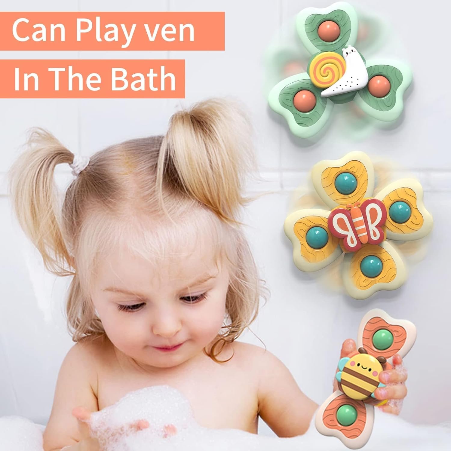 Cable World Baby Bath Toys for Kids - 3 PCS Big Size Silicon Suction Cup Bath Toy for Baby Boys Girls, Waterproof Suction Cup Top Rotating Montessori Learning Toy Sticks to Smooth Surface Big Size 2