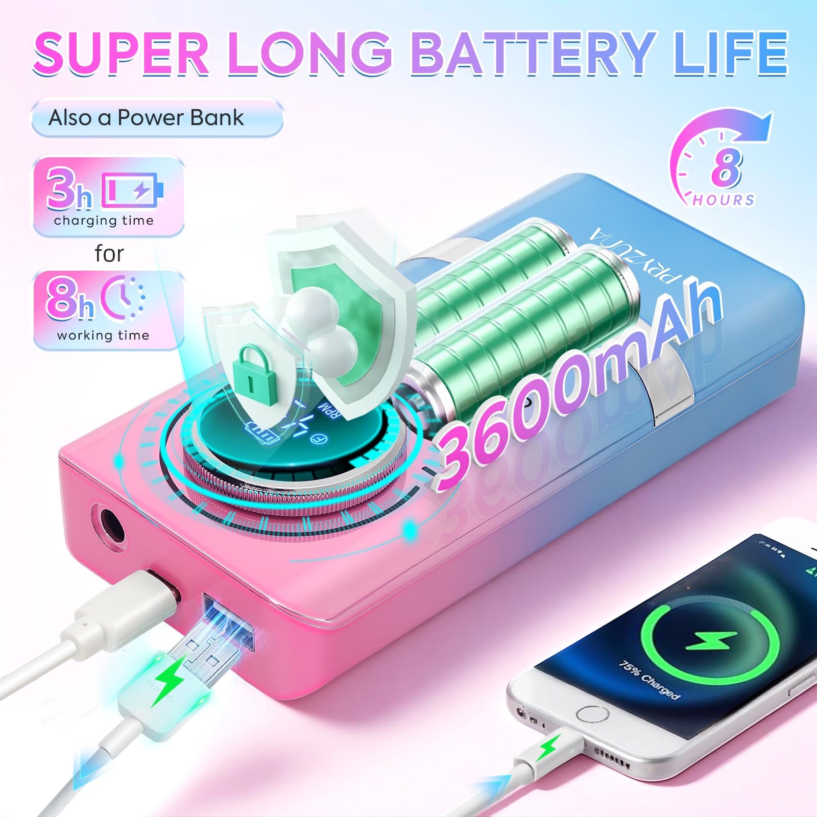 Taladro de uñas profesional, lima eléctrica portátil de 45000 RPM, taladro de uñas inalámbrico con kit de brocas y base, para uñas de gel acrílico, máquina de archivo E, pulido de manicura, para salón