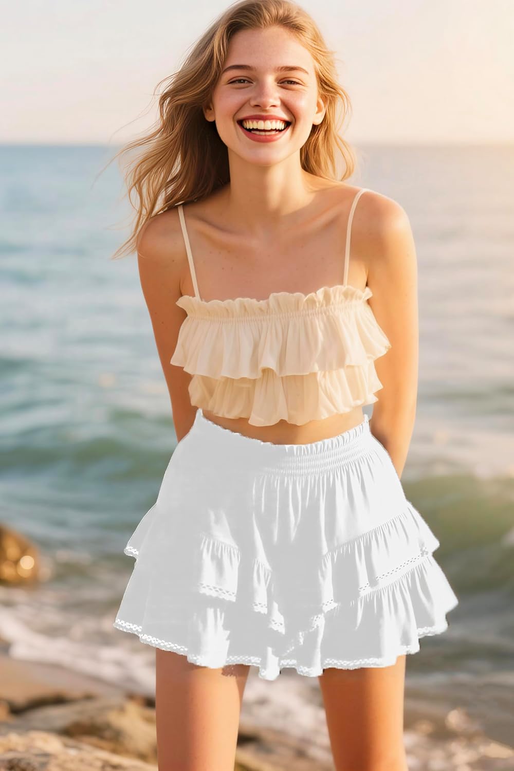 Breevo Ruffle Skirt Skort Shorts Underneath Cute Summer Flowy Shorts for Women Casual Boho Ruffle Tiered Mini Skirts