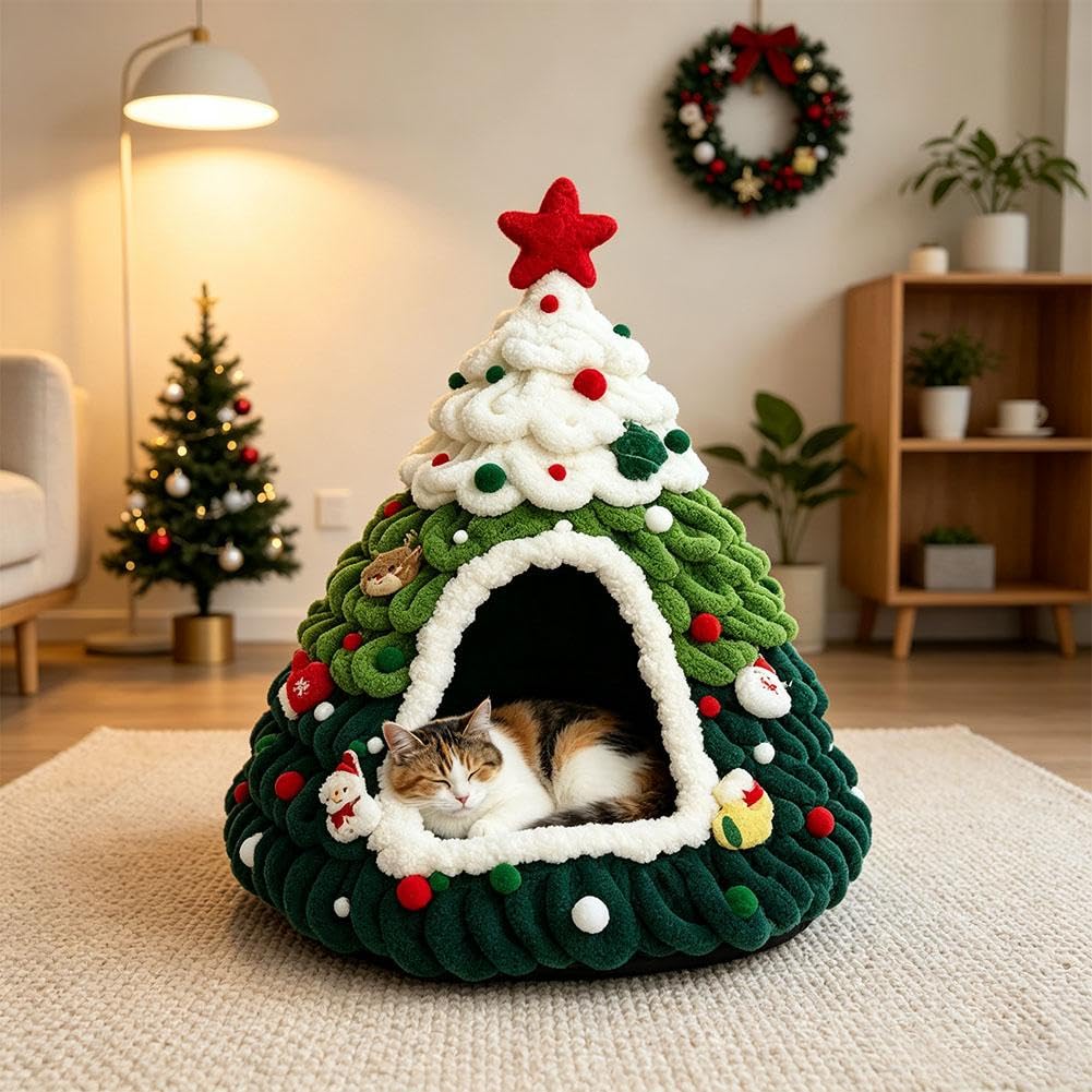 Cuccia per gatti fai da te con albero di Natale, fatta a mano, calda