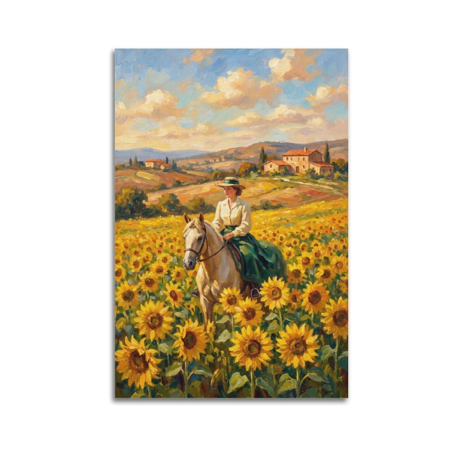 XKUGA Tuscany Horseback Riding Travel Poster Sunflower Field Summer Modern Decorative Canvas Prints - Ideal Wall Art for Family, Man Cave, Game Room, Boys & Girls Bedroom 20x30inch(50x75cm)