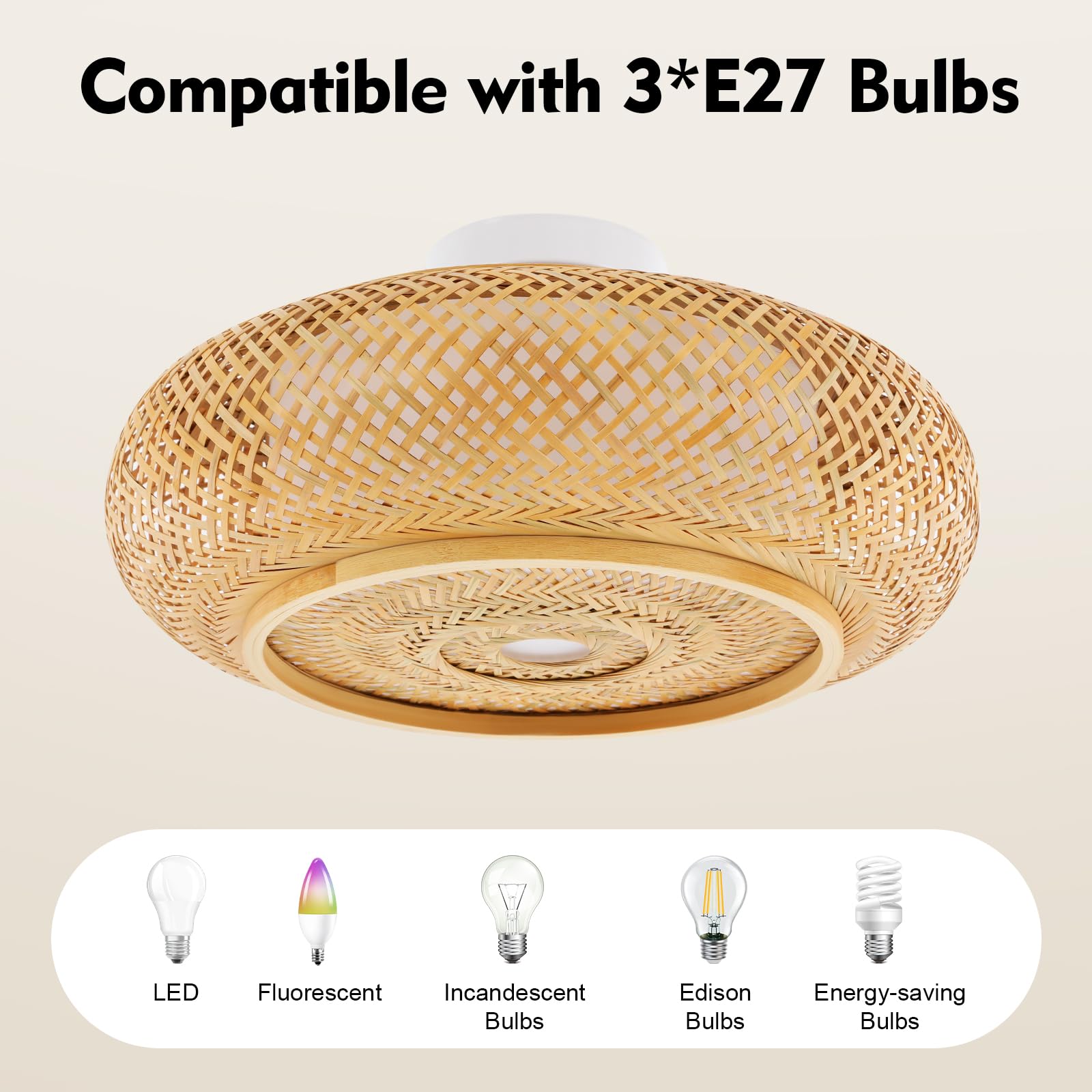 Deckenlampe Boho Style, 40cm Deckenleuchte Boho Vintage, Bambus Rattan Handgeflochten, 3x E27, Landhausstil Boho-Lampe-Decke für Wohnzimmer und Schlafzimmer