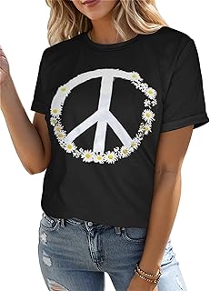 Women Peace Sign T-Shirt Flower Print Short Sleeve Casual Summer Tees Trendy Daisy Pattern Loose Fit Tshirt Tops - Buy now
