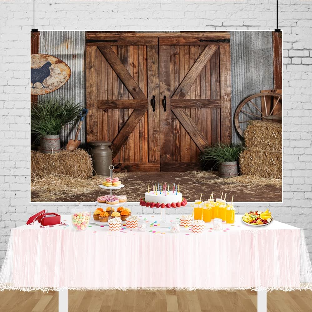 Renaiss 7x5ft Vintage Barn Backdrop for Photoshoot Kids Adults Portrait Haystack Potted Plants Wood Wheel Door Western Cowboy Photography Background Baby Shower Birthday Party Decor Photo Booth Props