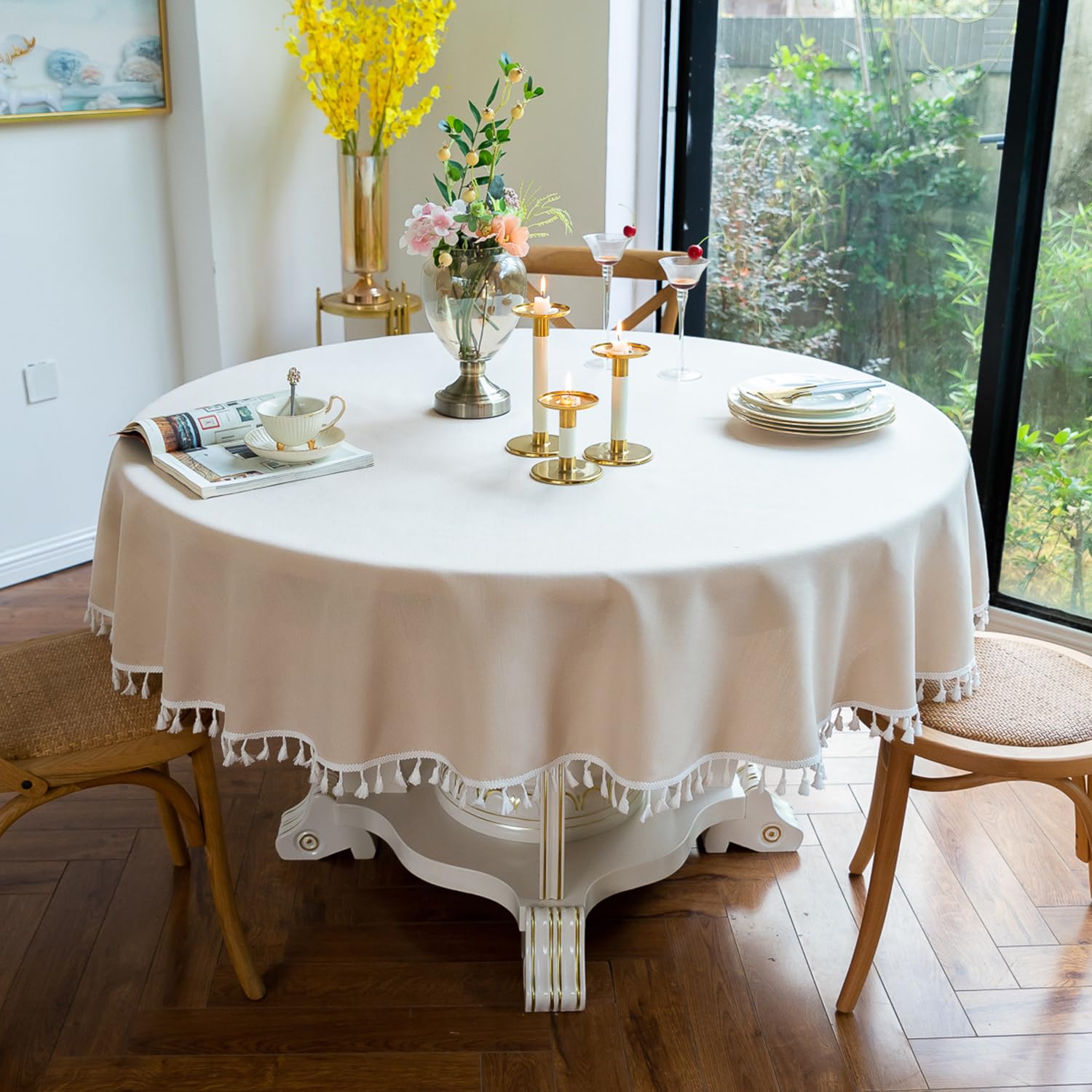 Mantel Redondo de algodón y Lino con Flecos, Beige Diámetro 220 cm, Apto para mesas Redondas de 150-170 cm de diámetro