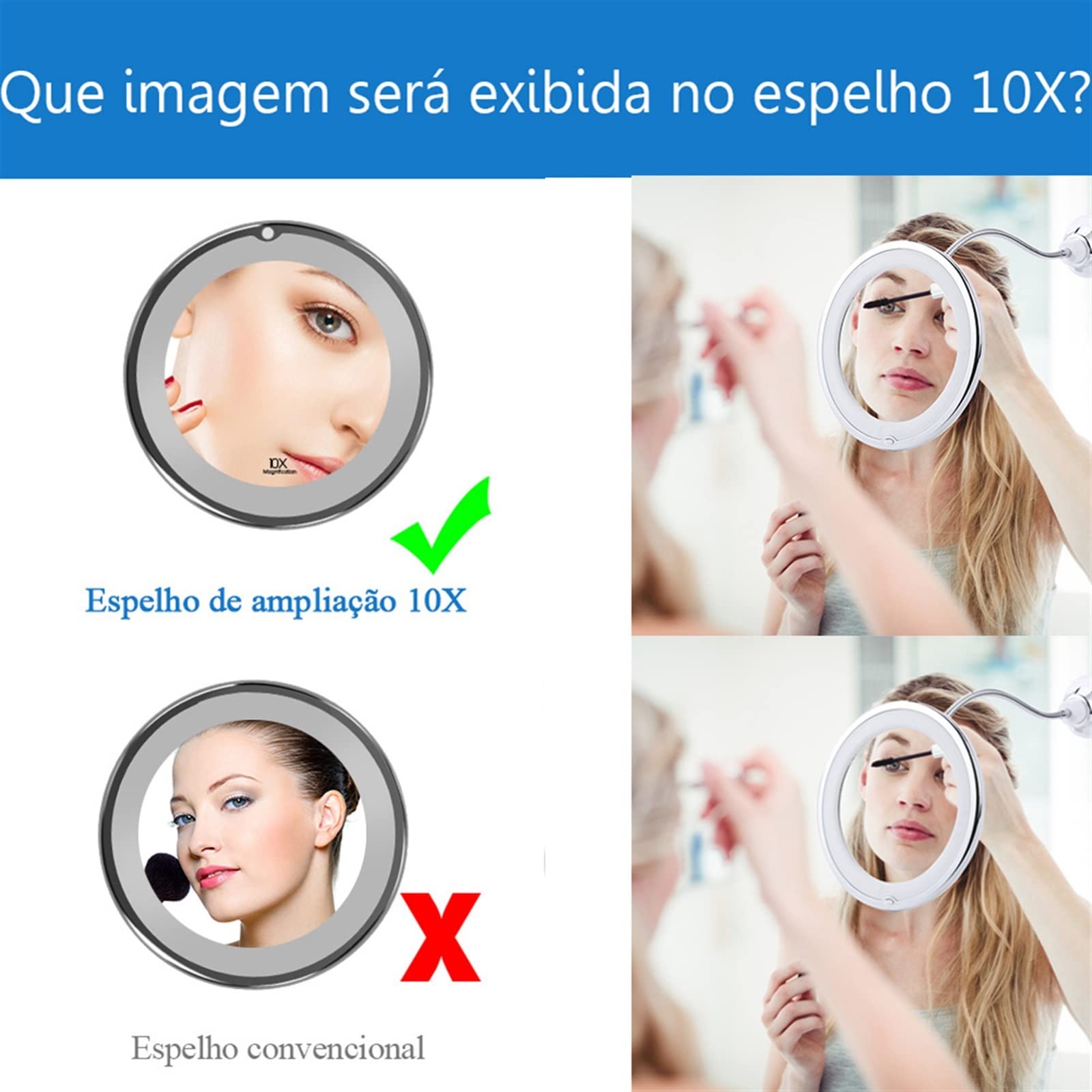 Espejo de ducha LED giratorio de 360° con ventosa, espejo de maquillaje de aumento 10X para afeitado y belleza, ideal para uso en el baño