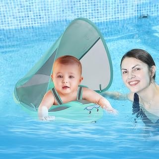 Baby Swim Float with Canopy, Non-Inflatable Baby Float, Upgrade Baby Pool Float, Baby Pool Float, Waterproof Baby Float, Friendly Leather Material Infant Swim Float for Boys and Girls Infant