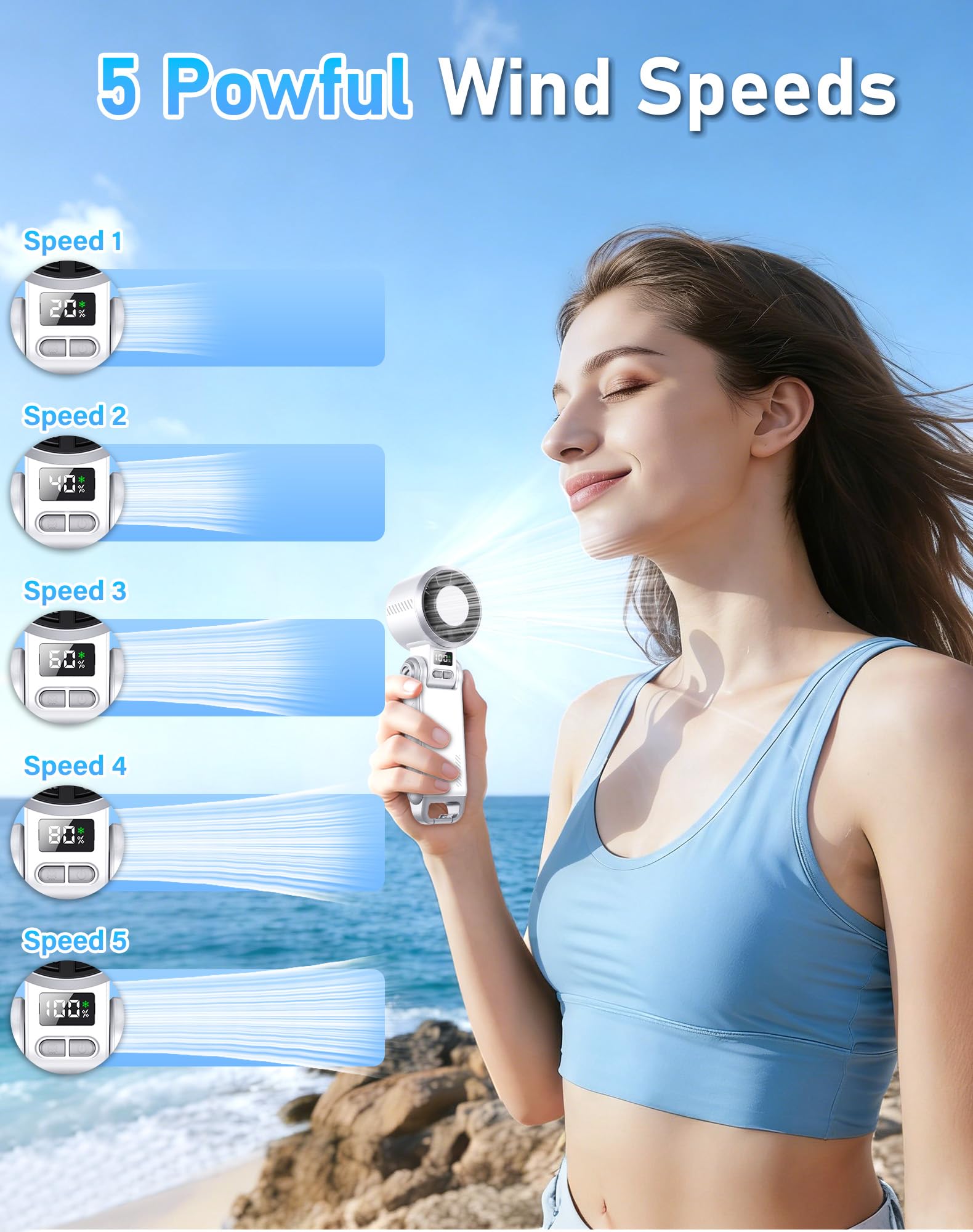 Ventilateur turbo portable avec refroidisseur de glace et écran LED, 5 en 1, pliable, rechargeable par USB, 5 vitesses, alimenté par batterie, cadeau idéal pour homme et femme, parfait pour le