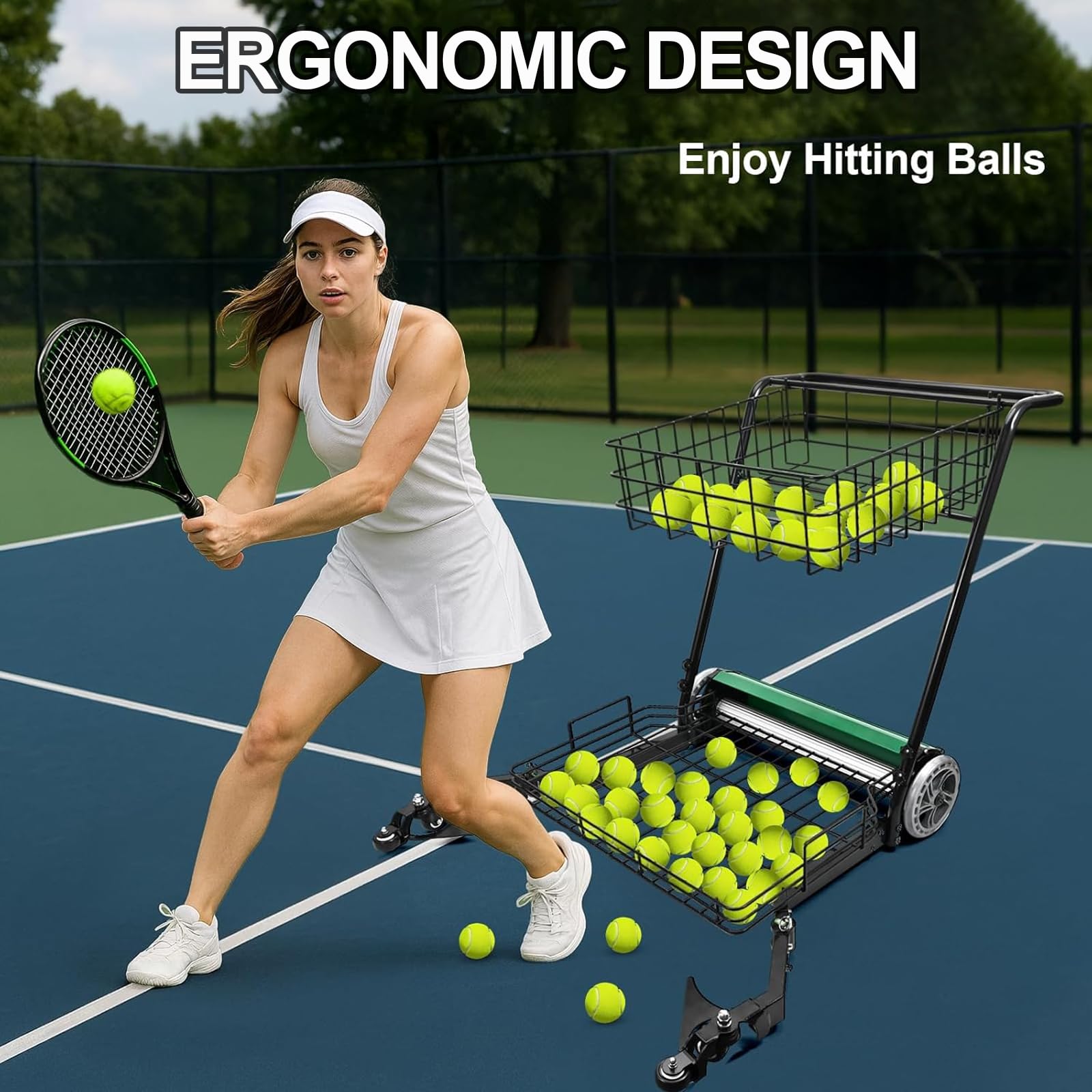 Carrello per raccogliere palline da tennis e tramogge, facile da collezionare, può contenere fino a 290 palline, con ruota girevole a 360° per una manutenzione efficiente del campo