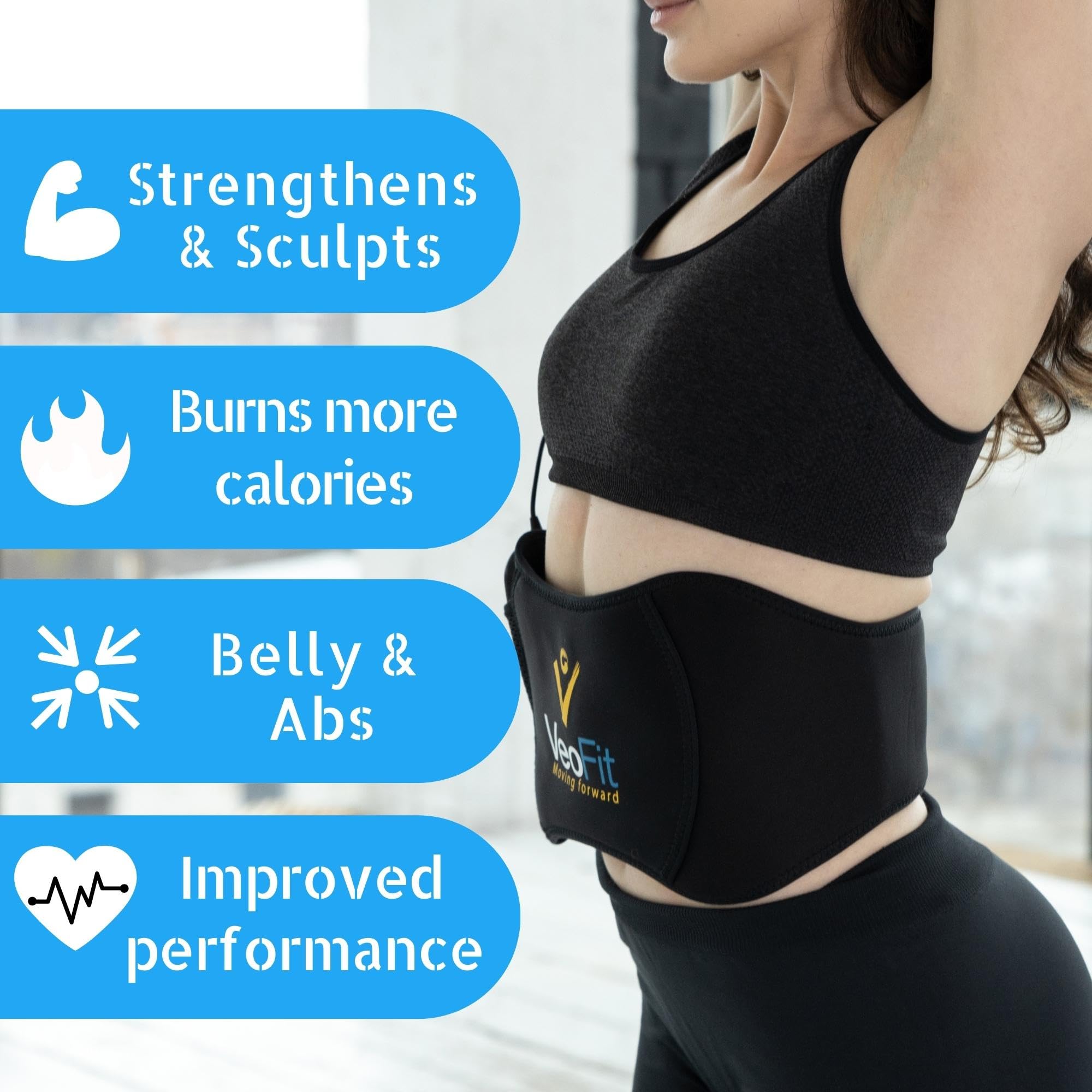 VEOFIT Ceinture Abdominale Electrostimulation et Musculation EMS- Appareil Electrostimulateur Musculaire Abdominaux Homme et Femme - 10 Programmes 99 Intensités - Sans fil, avec gel-Taille maxi 140 cm