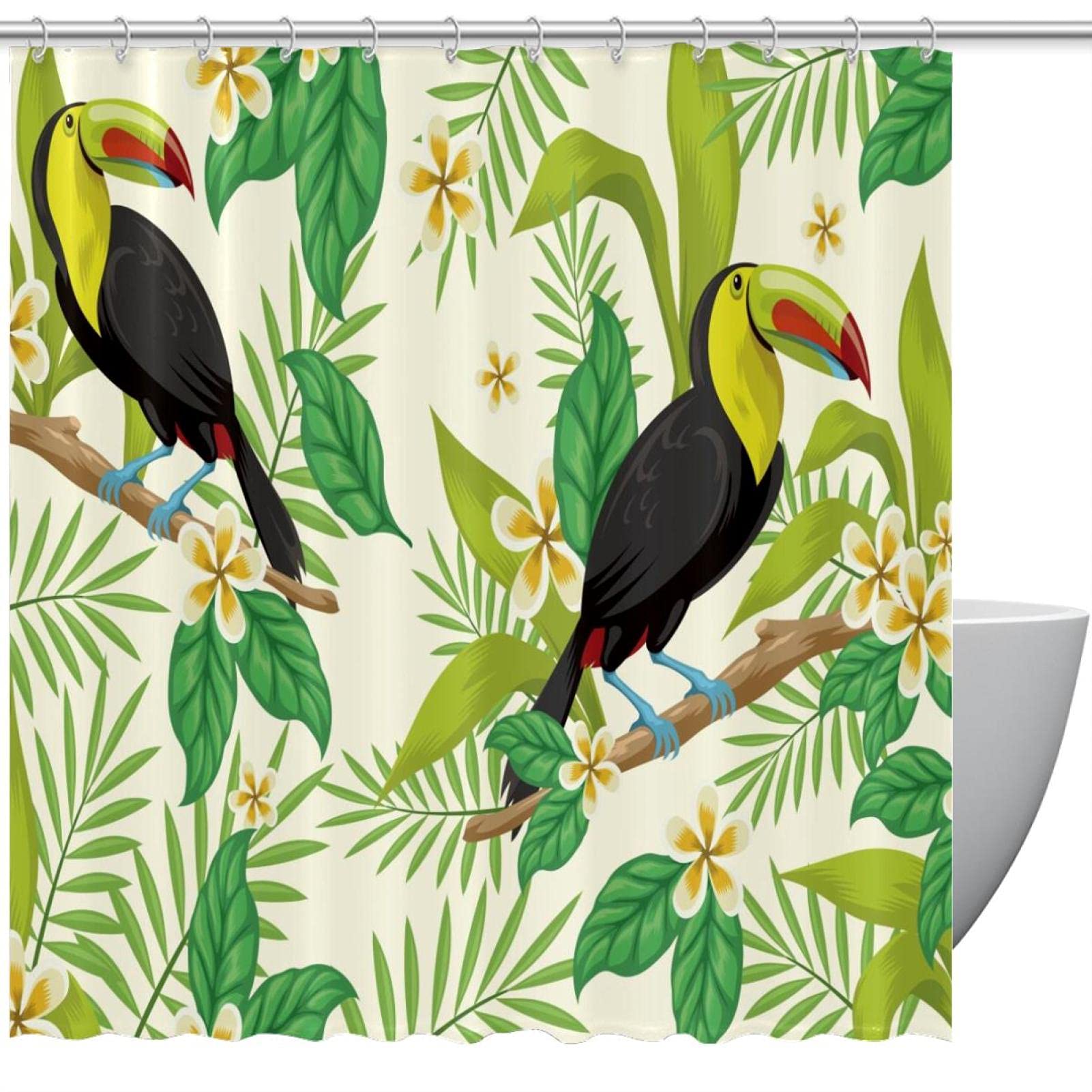 Rideau de douche toucans aquarelle et feuilles vertes pour salle de bain 183x183cm