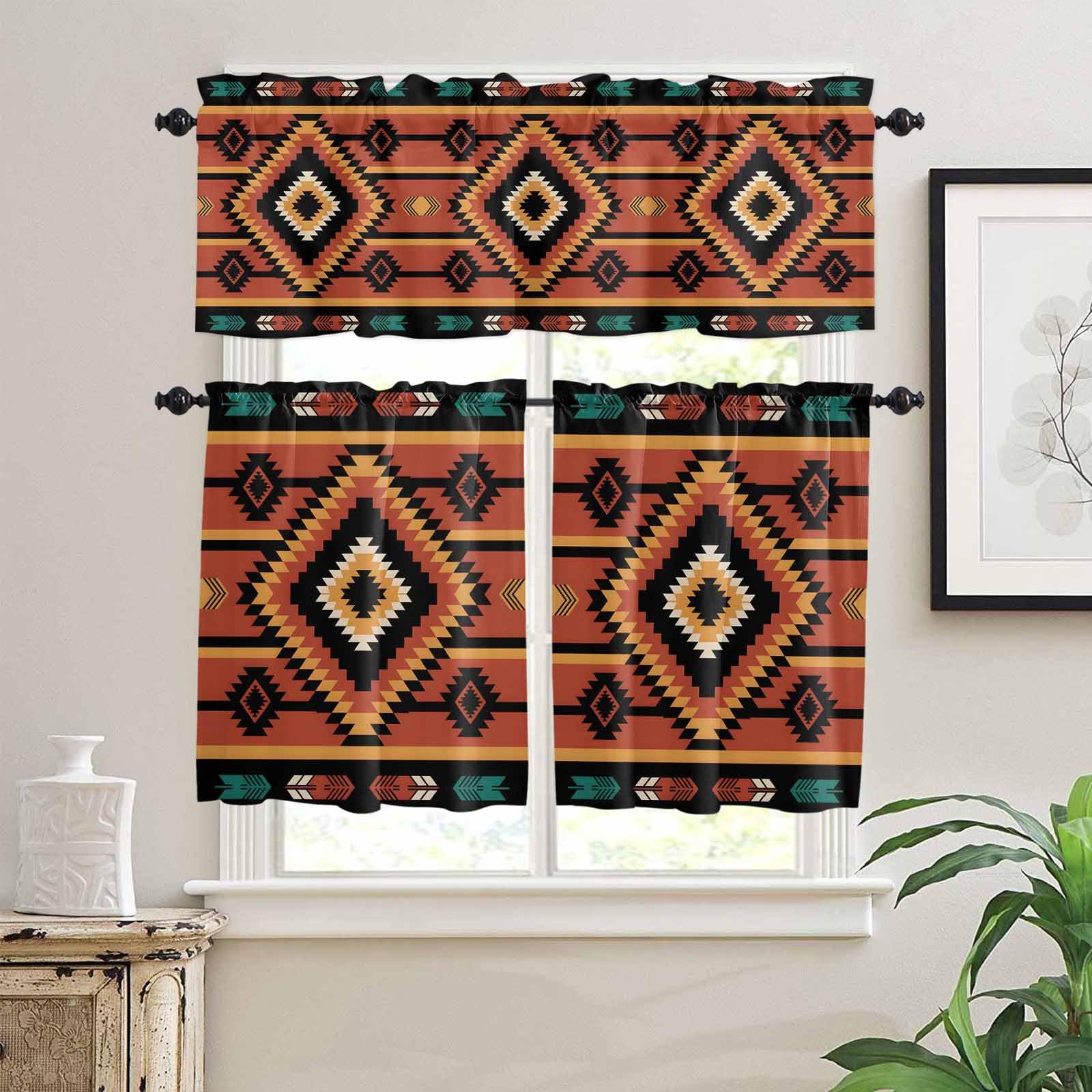 Aztec Southwest Kitchen Curtains 36 Inch Length, 3 Piece Rod Pocket Small Half Tiers and Valance Set, Orange Black Boho Tribes Abstract Small Large Window Treatment Decor for Bedroom/Bathroom Sink