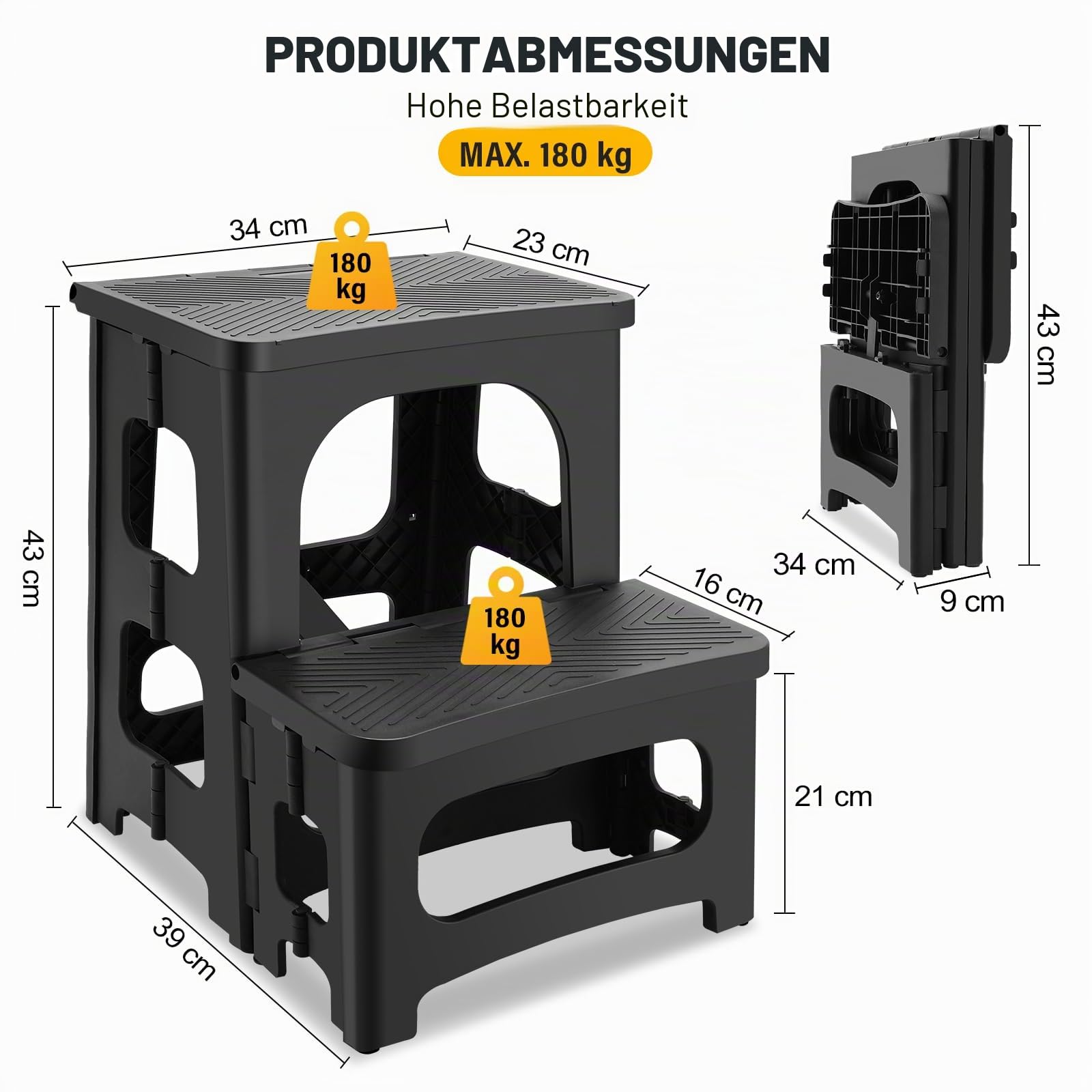 PAHTTO Tritthocker faltbar für Erwachsene, Rutschfester Klapphocker 2-stufig belastbar bis 180KG, Tragbarer Fußhocker Trittschemel mit Zwei Höhen (bis zu 43 cm) für Küche, Toilette, Büro, Badezimmer