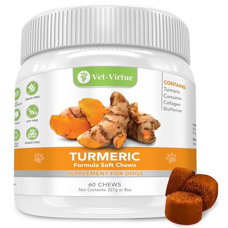 Suplemento de Cúrcuma para Cães com Curcumina Orgânica, Colágeno e BioPerine em Mastigáveis Macios Sabor Frango VET-VIRTUE, 60 unidades