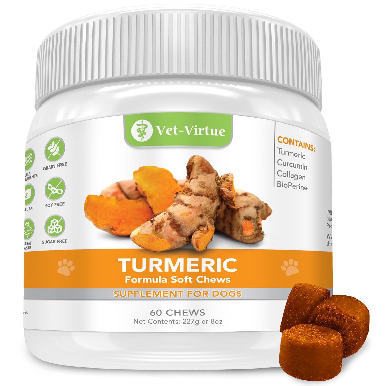 Turmeric for Dogs, Organic Curcumin Soft Chews, 60 Count | 250mg curcumin with organic turmeric, collagen and BioPerine; chicken soft chews support hips and mobility, 30-60 days