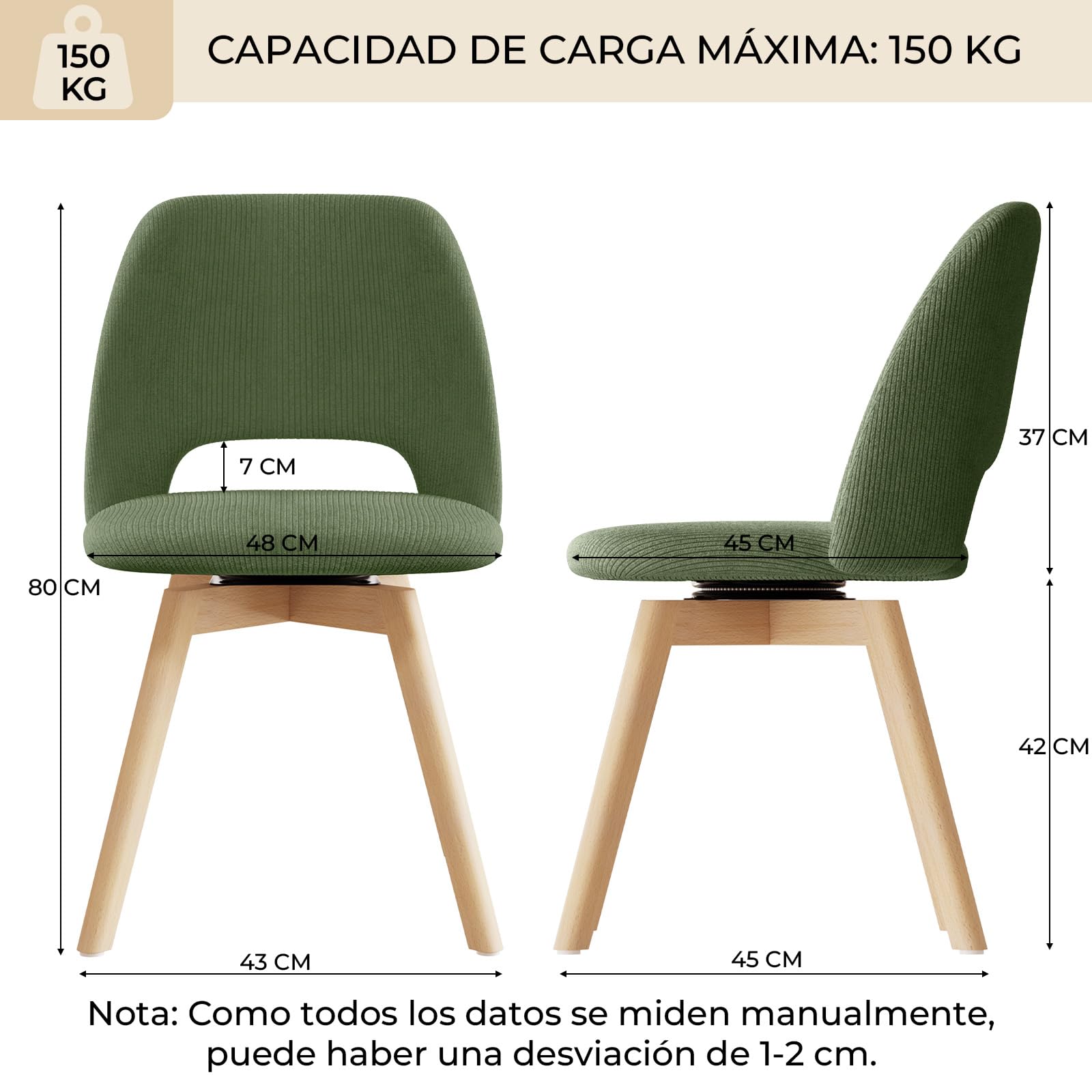 JIJIAN Juego de 2 Sillas de Comedor Giratorias 360° con Patas de Haya | Silla Acolchada Ergonómica, para Salón, Cocina, Dormitorio y Estudio, Verde
