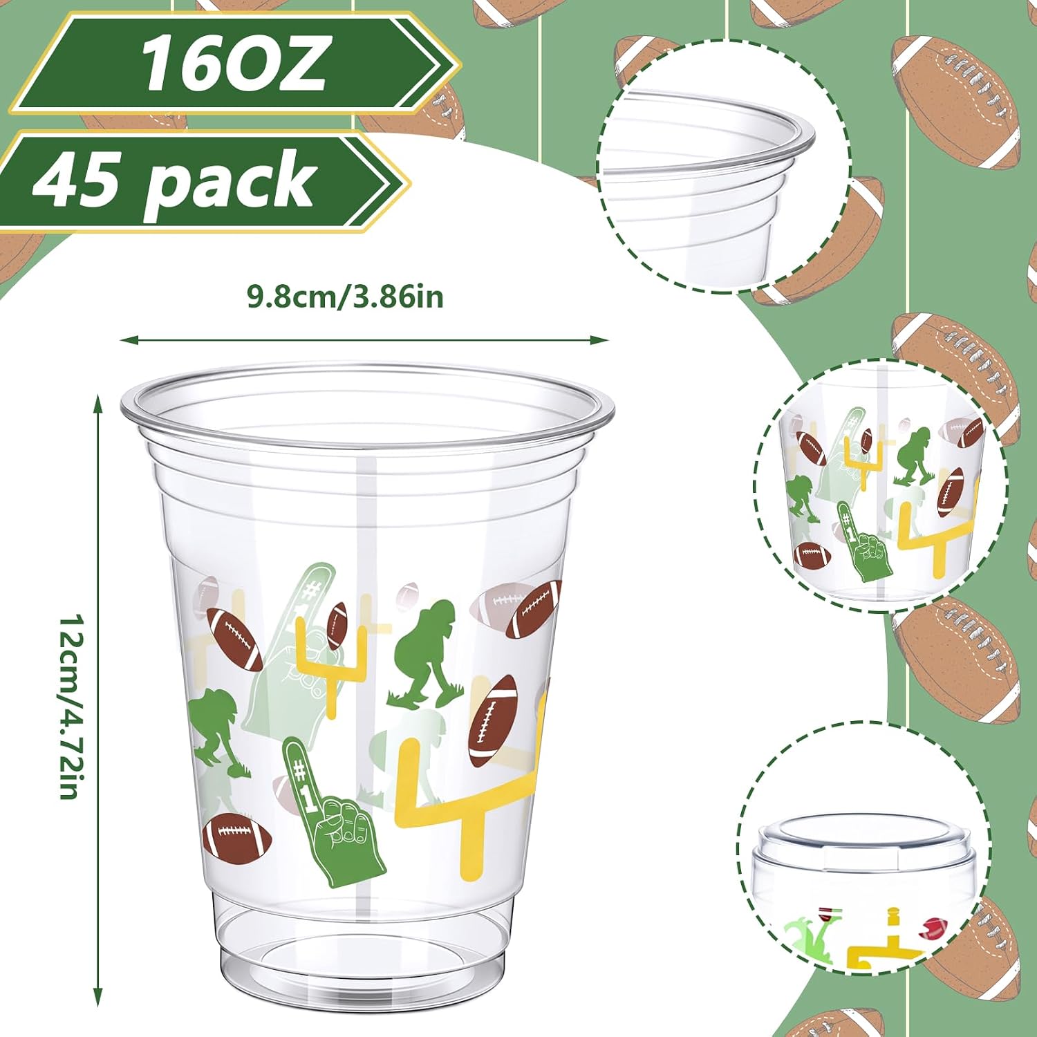 Suclain 45 Pcs 16oz Football Cups Bulk Football Party Birthday Decorations | Clear Plastic Disposable Drinking Cups, Tailgate Game Events Drinkware, for Hot Cold Sports Player Fans Party Supplies