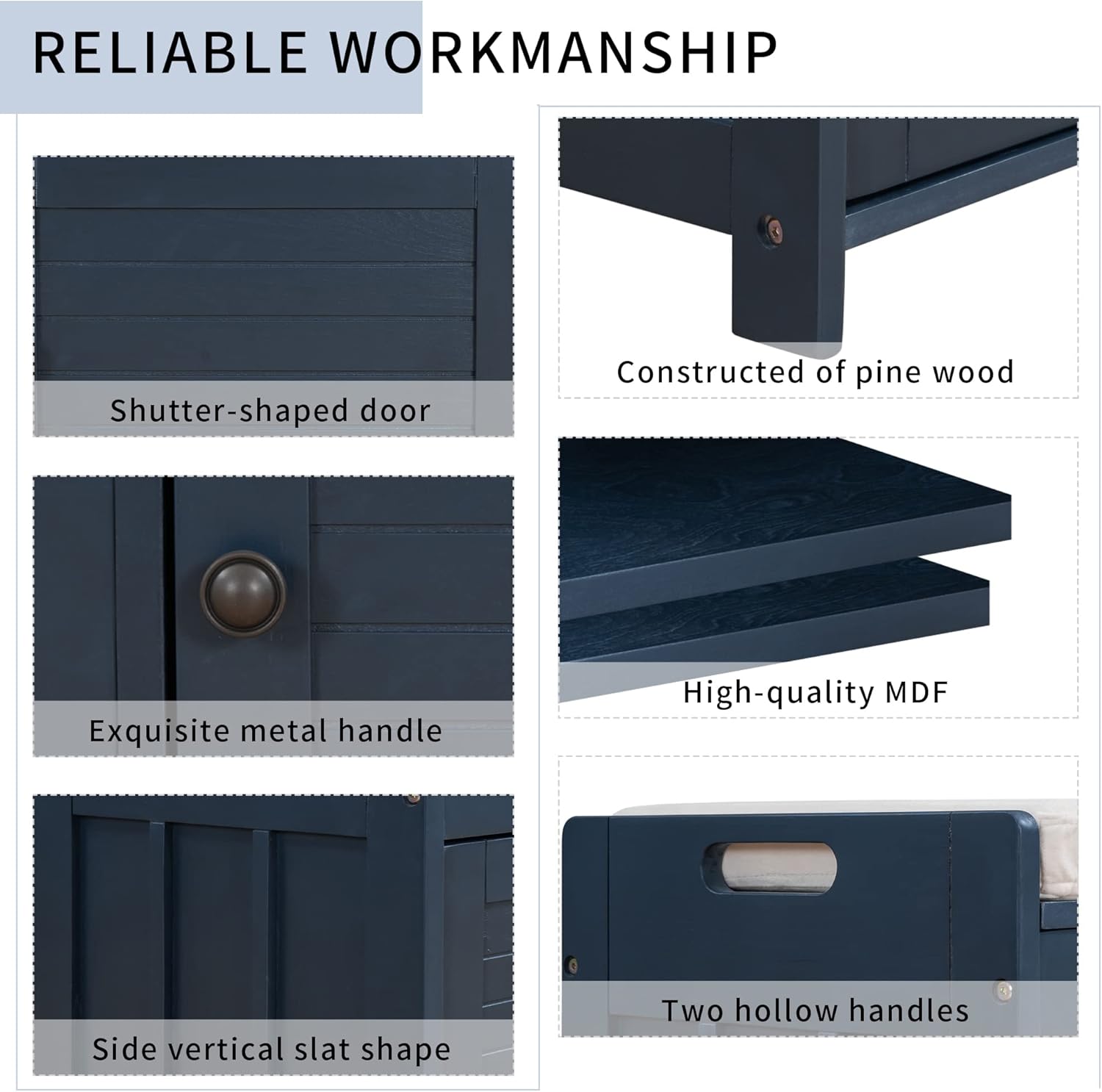 P PURLOVE Storage Bench Entryway Bench with Removale Cushion, 3 Shutter-Shaped Doors and Hidden Storage Space for Living Room Entryway, Antique Navy