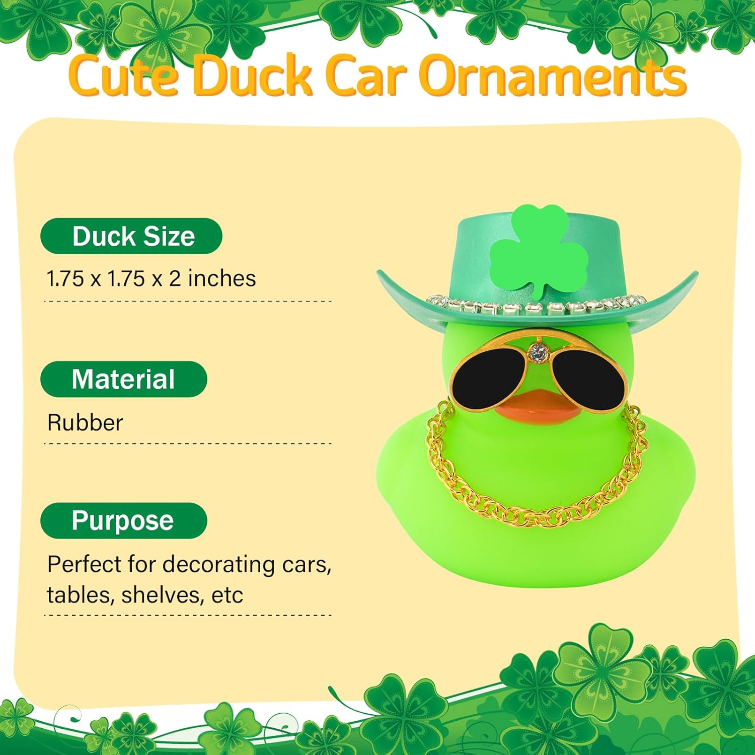 wonuu St. Patrick's Day Car Rubber Duck, Dashboard Decorations Green Shamrocks Hat Ducky for Car Ornament Accessories Ducks (Diamond Hat Gold Chain Green Duck)