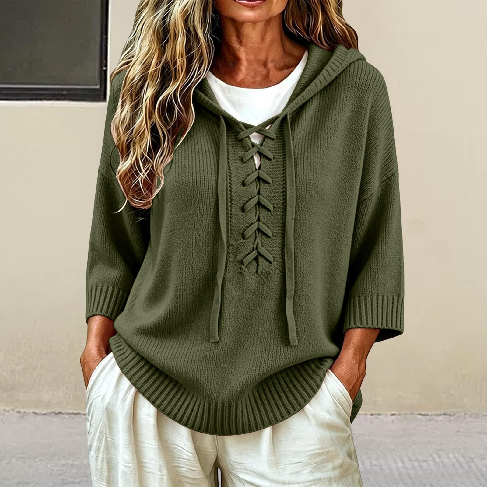 Generisch Sweat-shirt à capuche en coton pour femme - Surdimensionné - Pull décontracté - Couleur unie - Élégant - En tricot - Avec capuche - Confortable - Manches 3/4 - Chaud