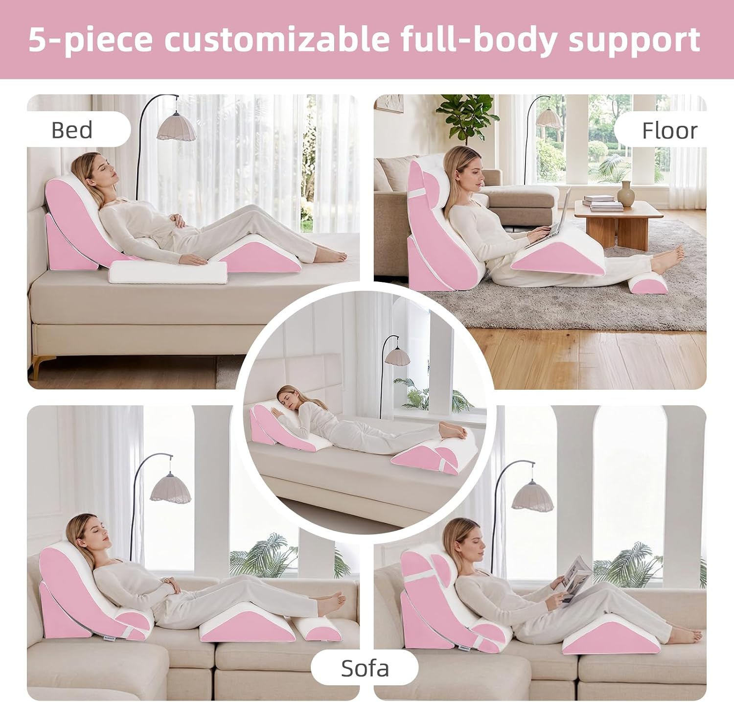 Wedge Pillow Set for After Surgery,White/Pink,5PCS-23.2"