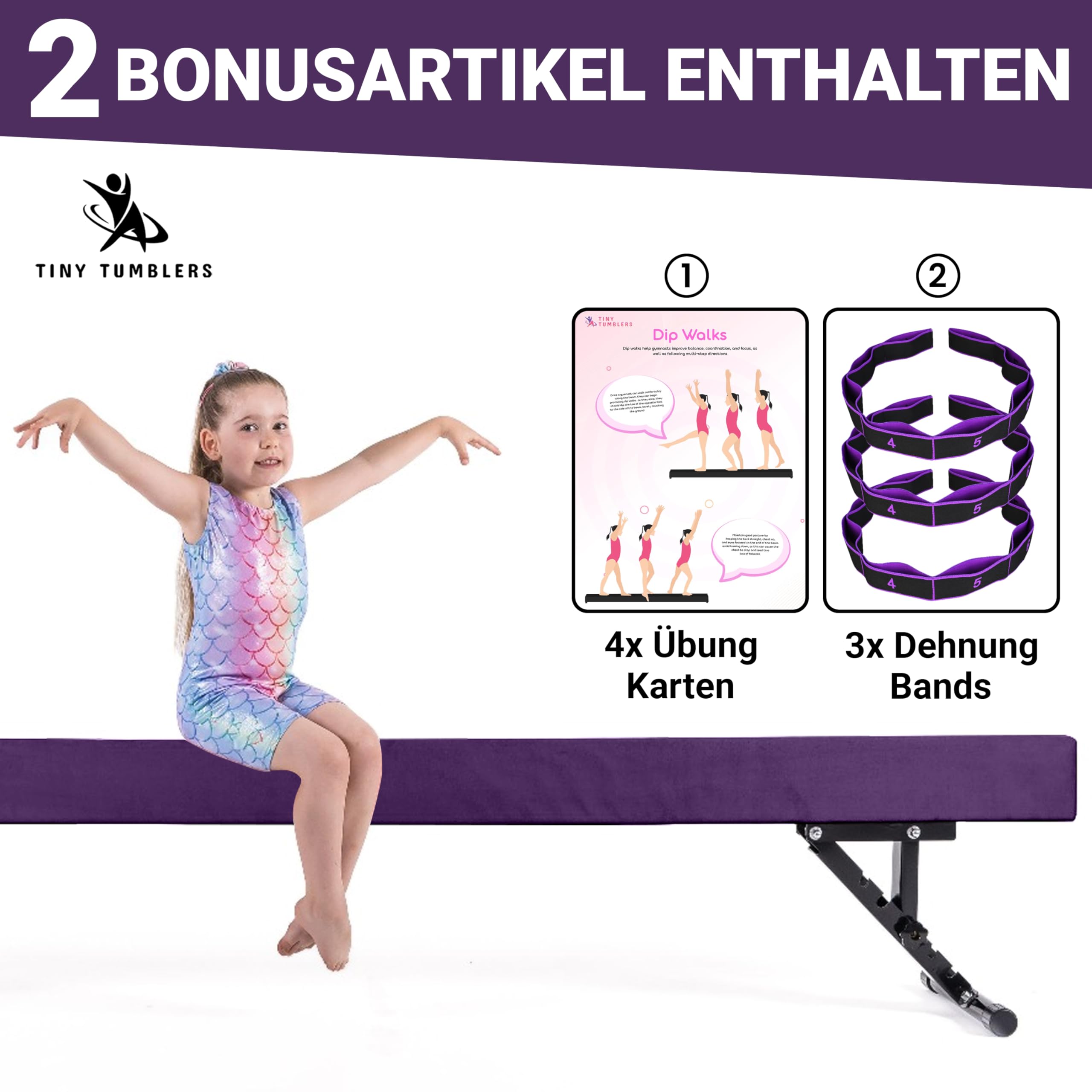 Schwebebalken – Höhenverstellbarer Gymnastikbalken für Kinder – Fortgeschrittenes Turngerät für Zuhause – High- und Low-Beam – Kunst-Wildleder, fünf Höhenstufen – Flexibilitätsband inklusive