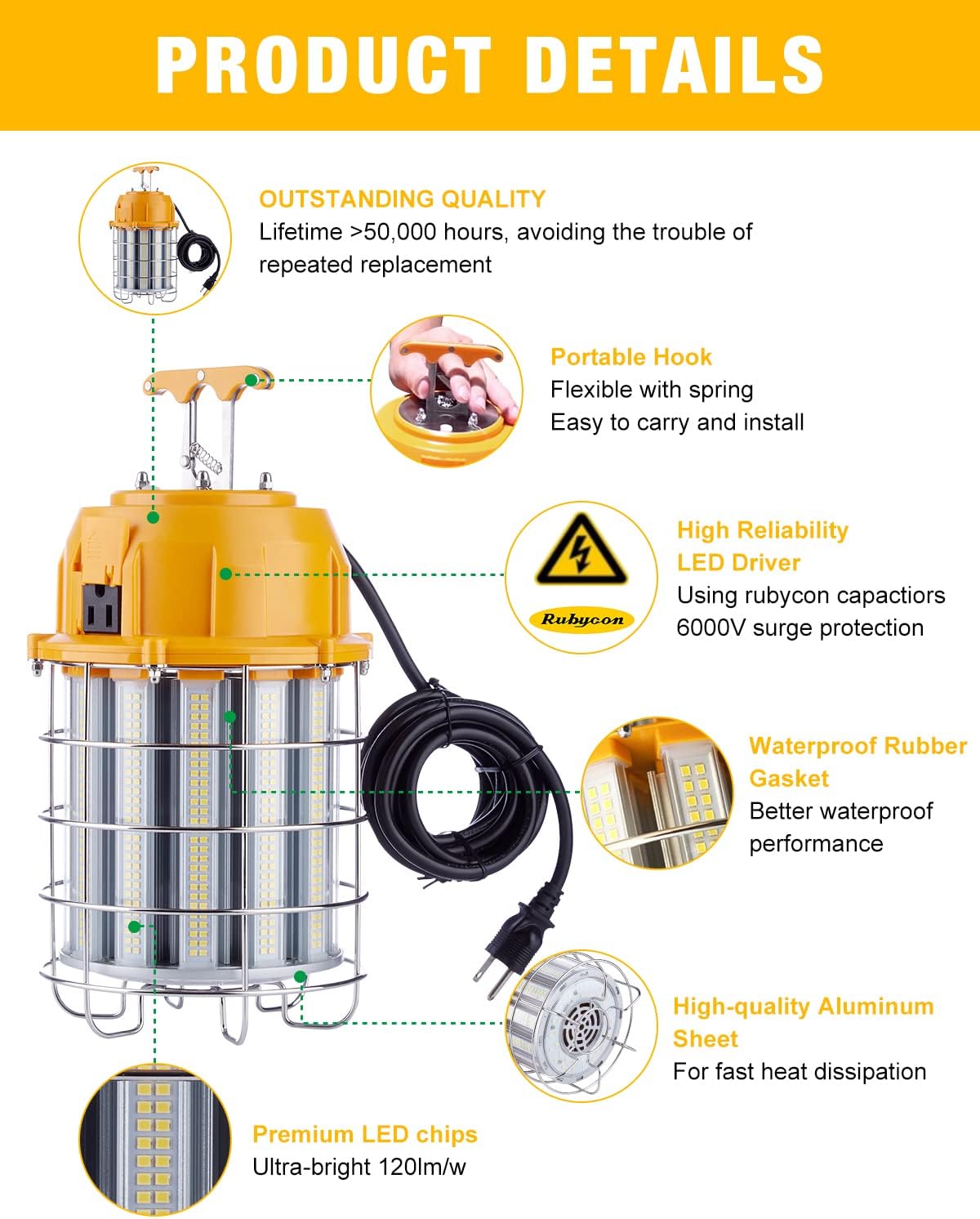 LED Temporary Work Light 100W LED Construction Lights 12,000lm 5000K Daylight Stainless Steel Guard Portable Hanging Work Lighting Workshop Jobsite Light Outdoor - Image 2