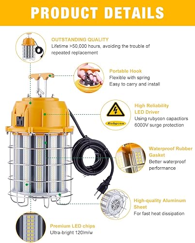 Miniatura 2 de Luz de trabajo temporal LED de 100 W, luces de construcción, 12,000 lm, 5000 K, luz diurna, acero inoxidable, portátil, colgante, iluminación de