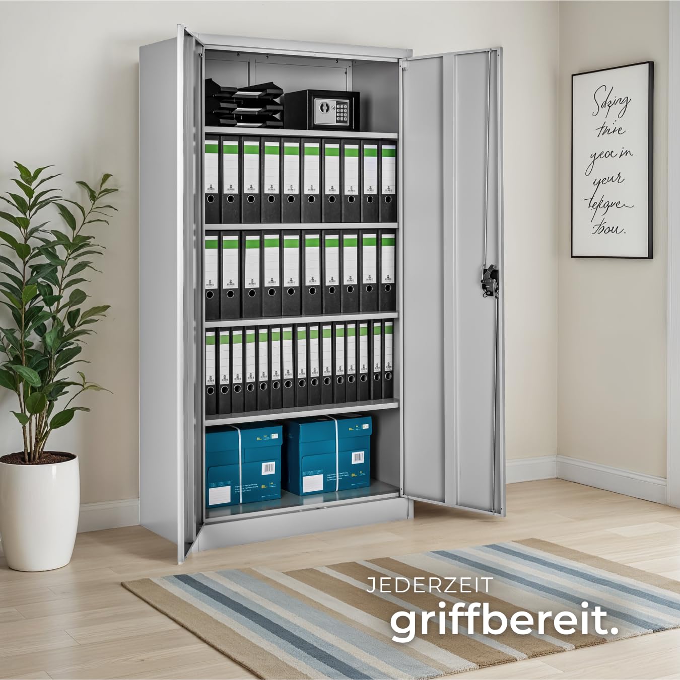 tectake® Aktenschrank, Büroschrank abschließbar, Mehrzweckschrank aus Stahl, Allzweckschrank mit 2 Türen, inkl. 3 höhenverstellbare Einlegeböden, Aktenschrank abschließbar 180x80x40 cm - grau