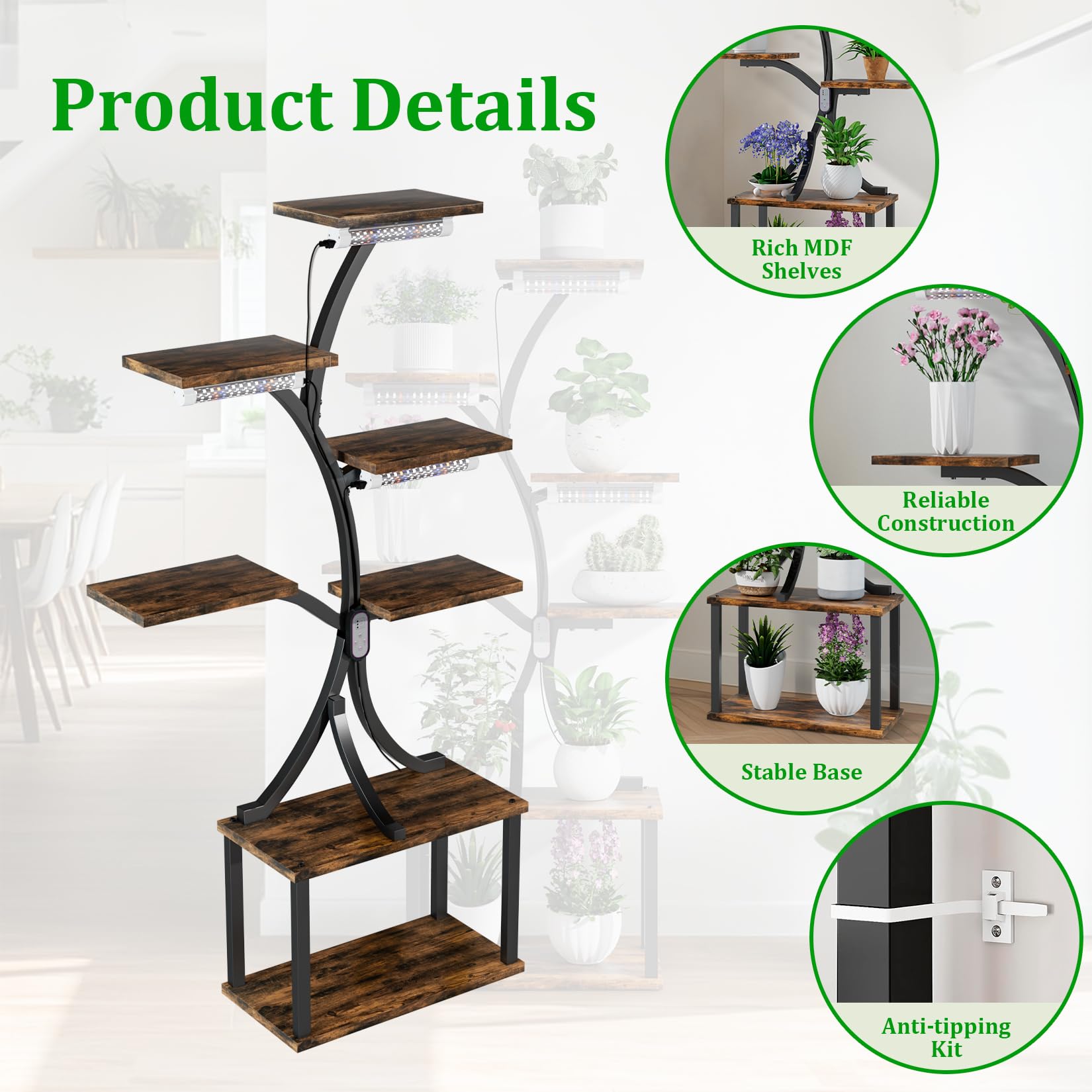 unho Domowy stojak na rośliny z lampą roślinną, 7-poziomowy 150 cm regał na kwiaty, drewno MDF i metal, stojak na kwiaty do wnętrz ze światłem rosnącym roślin, do salonu balkonu