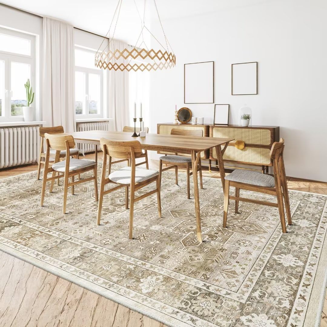 HOMFINE Machine Washable Rug 8'x10' - Vintage Design Area Rugs with Non Slip Rugs for Living Room Bedroom Floral Print Rug Carpet Stain Resistant, Home Decor Office Area Rug, Beige Sand