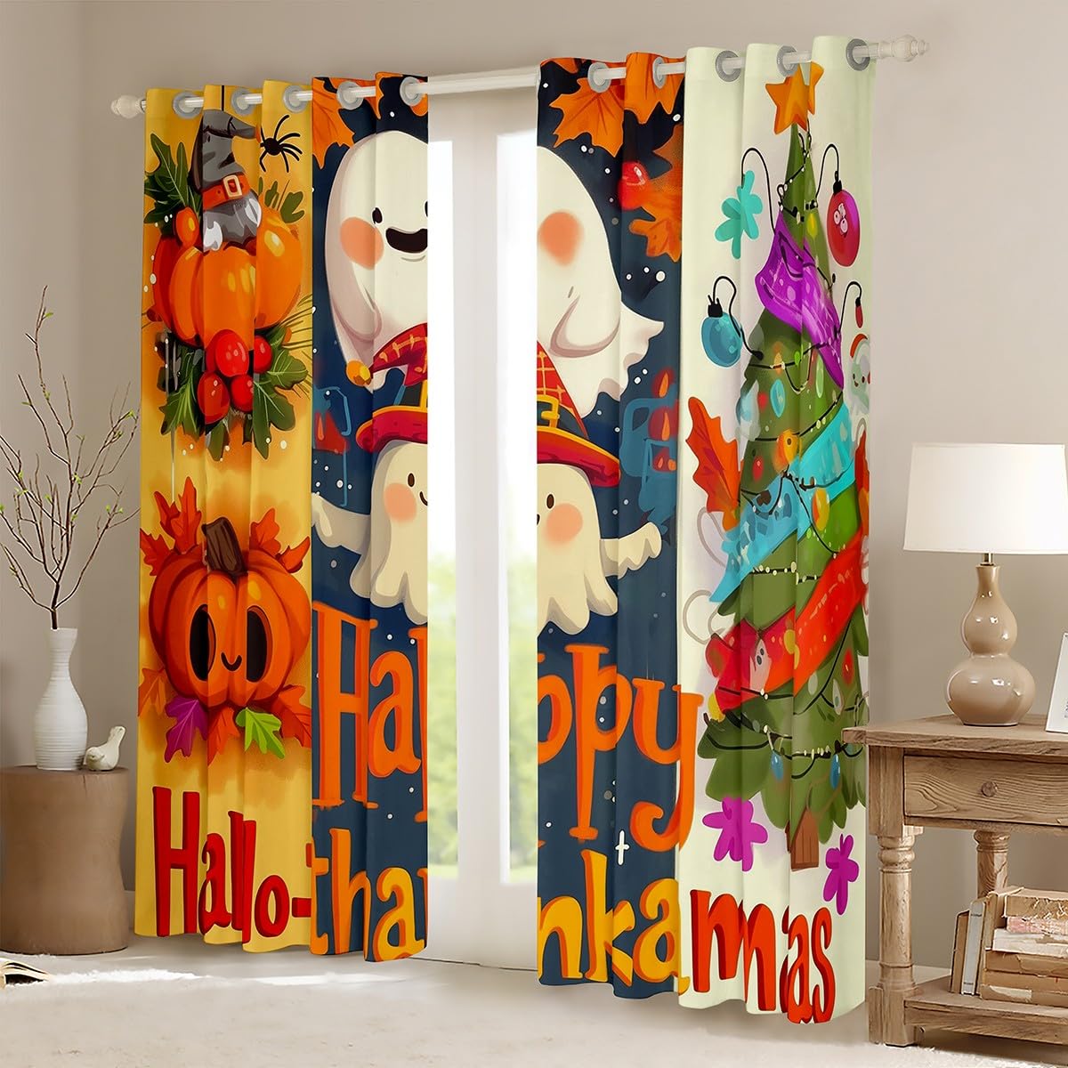 Homewish Kreskówkowy duch pająk zasłony zaciemniające, Halloween dekoracje choinkowe zasłony okienne 2 zestawy paneli 132 x 160 cm, gotycka latarnia dynia, Święto Dziękczynienia, święto, zasłony