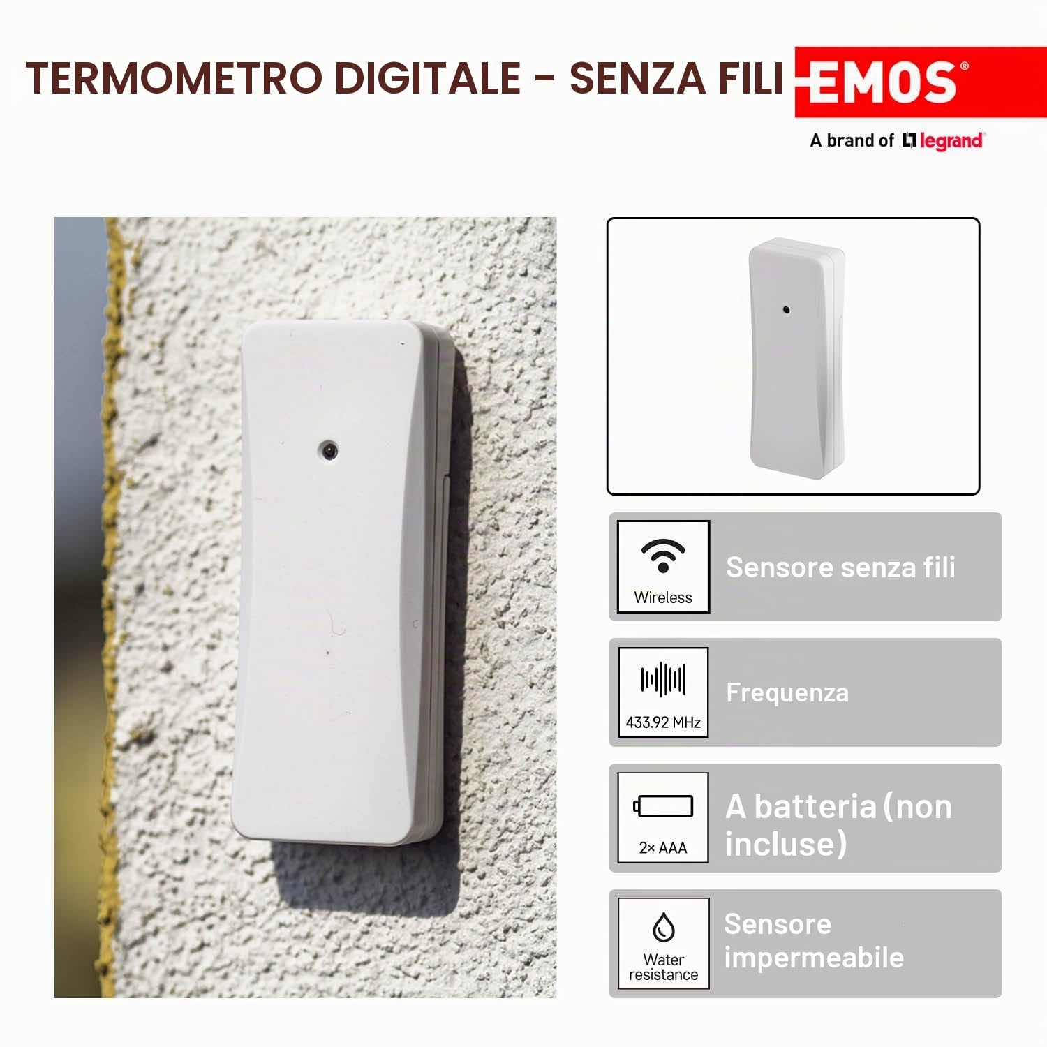 EMOS - Termometro digitale con sensore esterno - Sensore wireless, temperatura interna ed esterna, portata 80 m, funzione memoria - °C/°F - Supporto da tavolo/da parete - bianco