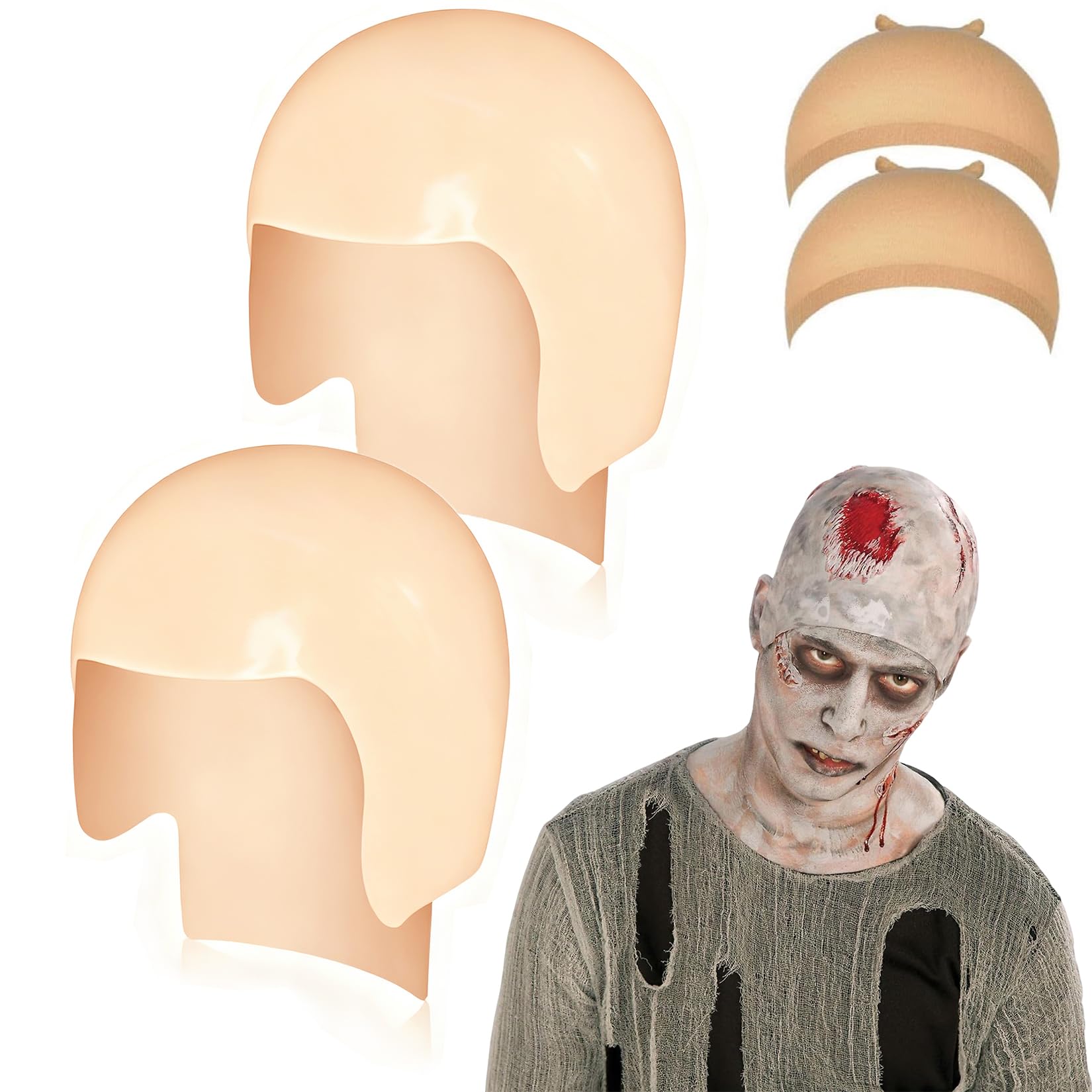 Homgaty Halloween 2 Pack Bald Caps Costume Accessory Makeup Bald Cap, MR Clean Costume Include 1 Big and 1 Small Head Wig Cap for Men Women