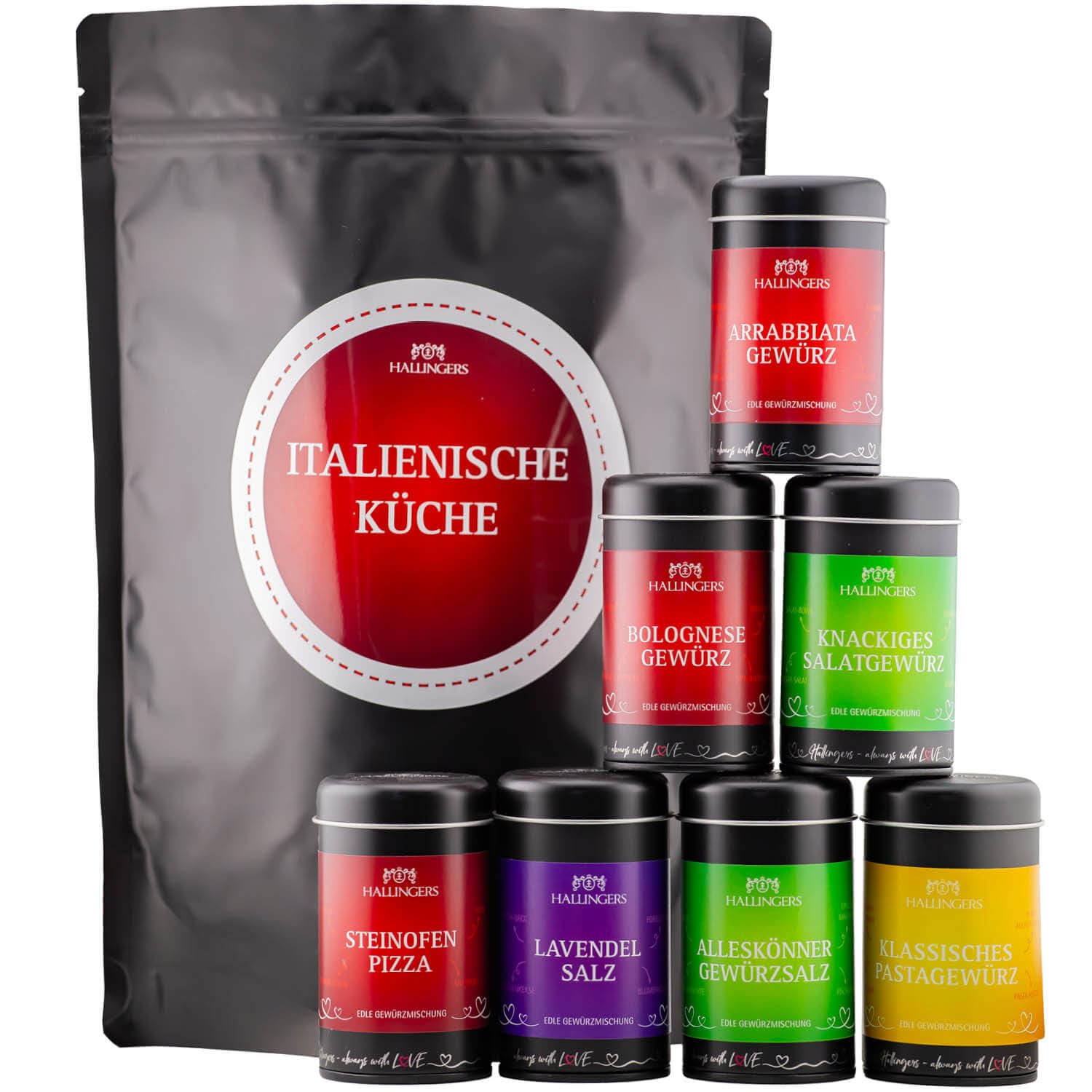 Hallingers Genuss Manufaktur Gewürz Geschenk-Set - Selektion unserer Besteller als Probierset in edlen Aromadosen & Tragetasche "Italienische Küche", Geschenkidee für Frauen Männer