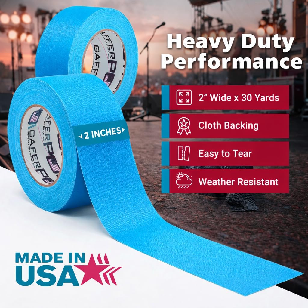 Gaffer Power Professional Grade Gaffer Tape 2 Inch x 30 Yards, Fluorescent Blue – Made in USA, High Visibility Cloth Tape for Floor Marking, Stage, Film, Clean Removal, Heavy Duty