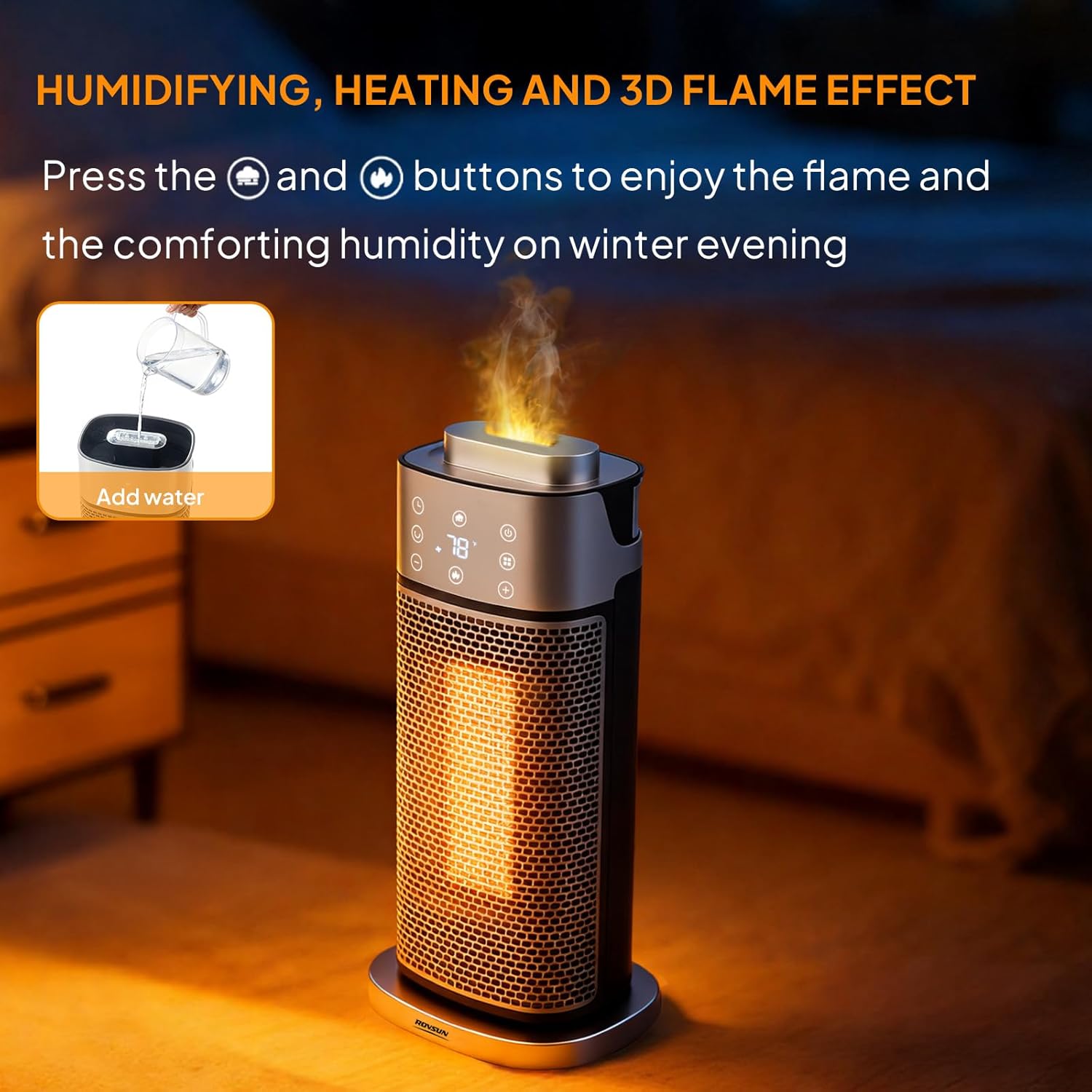 ROVSUN 3-in-1 Electric Space Heater w/Humidifier & 3D Flame Effect, Portable 16''H Tower Heater w/Timer, Adjustable Thermostat, Tip-over & Overheat Protection for Indoor Use Bedroom, Home, 2 Pack