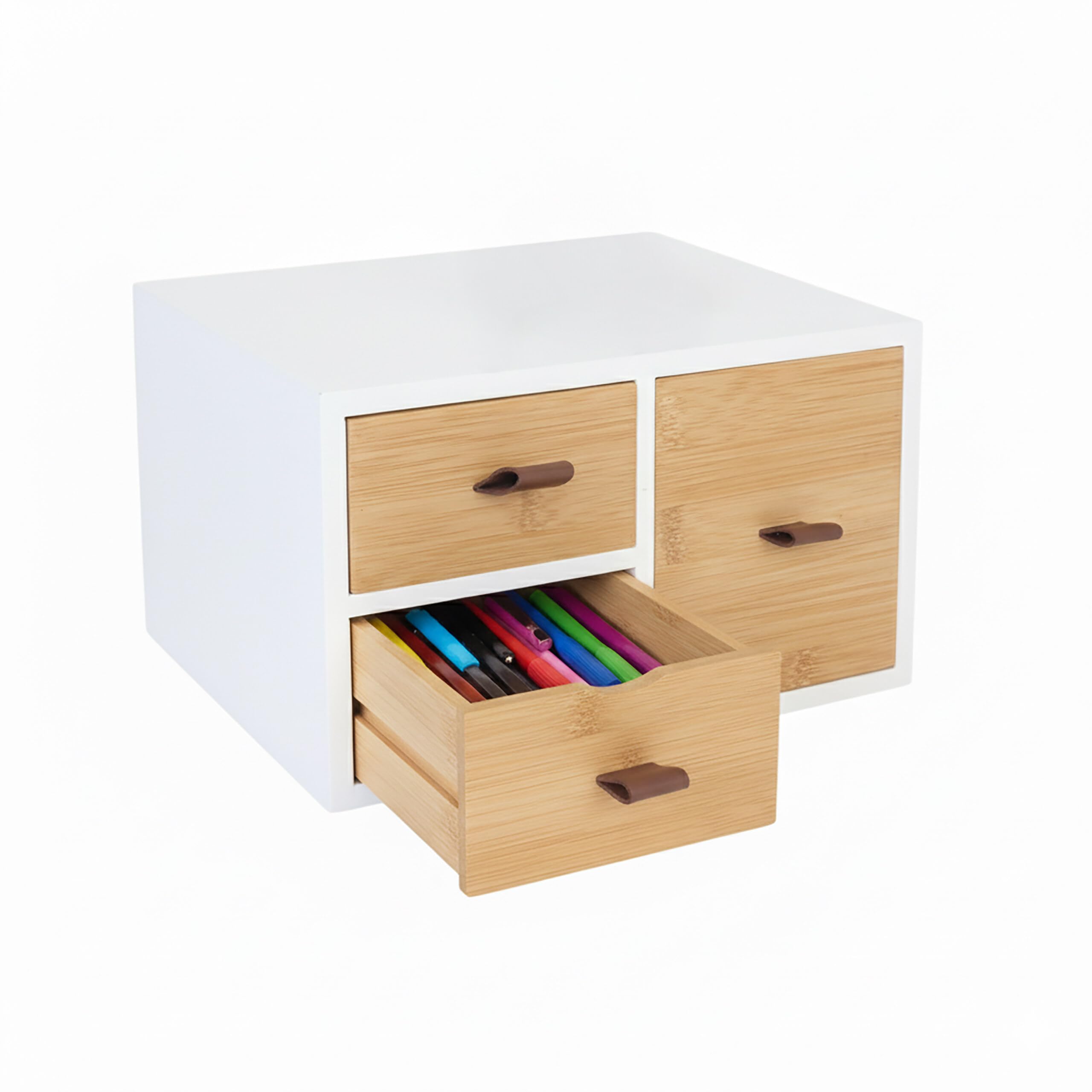 Relaxdays Bamboo & MDF Drawer Box, 3 Drawers, Loops, HWD: 15 x 25 x 20 cm, Desk Organiser, White/Natural