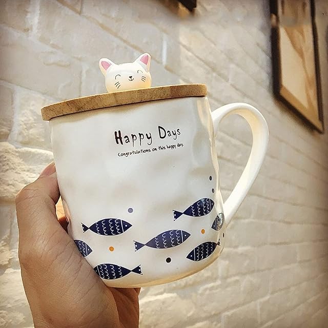 Arawat Zabawny kubek słodki kot kubek do kawy z ceramiczną pokrywką kubek do herbaty z łyżeczką 400 ml duży kubek do kawy zabawny kubek do kawy filiżanka do kawy cappuccino uroczy prezent