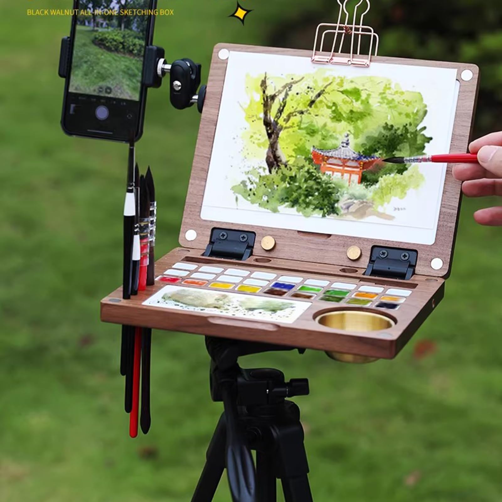 Caja de paleta de madera de acuarela con ranura para pinceles, soportes, taza de limpieza y clip para teléfono para acuarela, gouache y pintura acrílica al aire libre