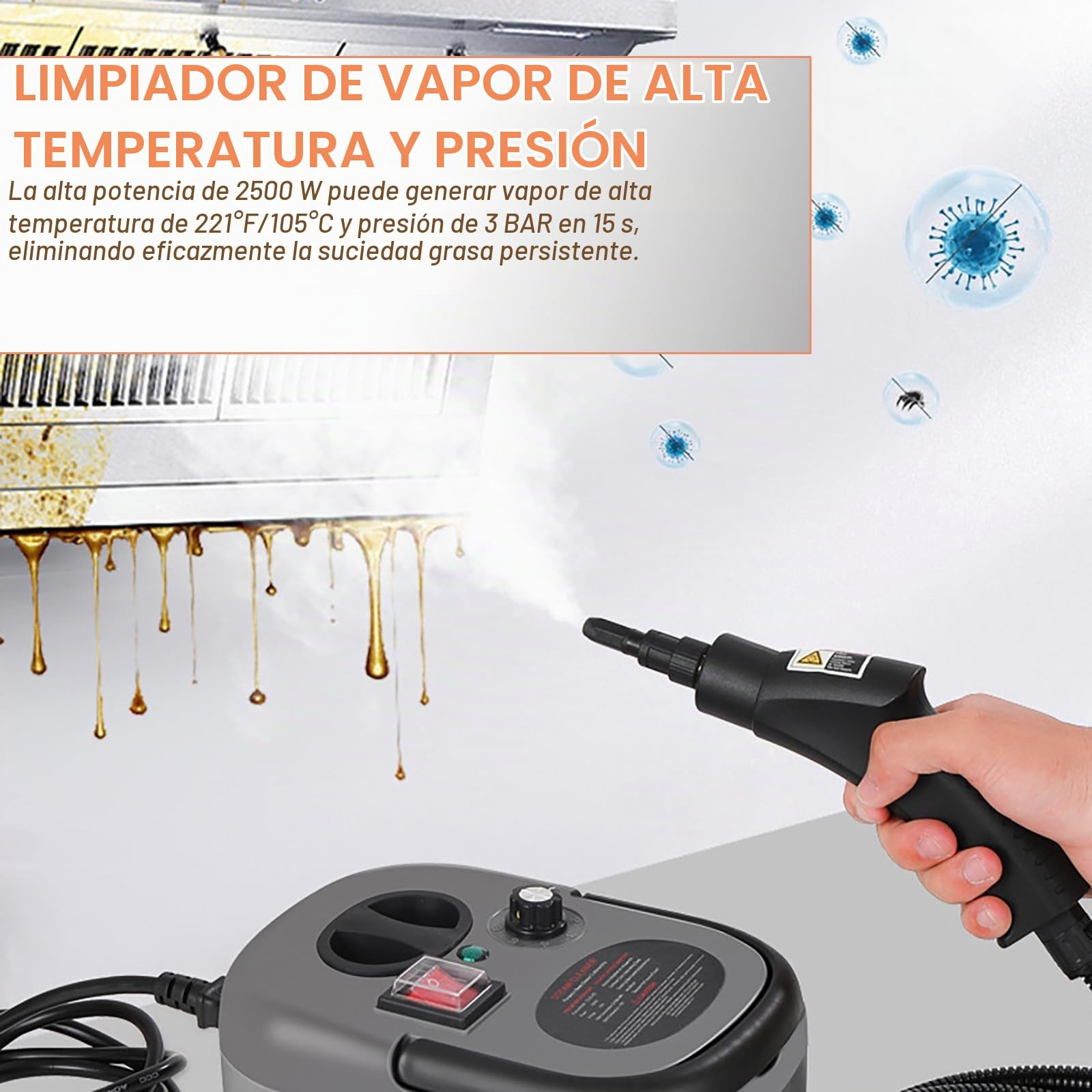 Vaporeta Limpieza Hogar 2500W 1200ML, Limpiador de Vapor Portátil de Alta Presión con 9 Accesorios, 6 Velocidades, Vapor rápido de 10 s, Steam Cleaner para Cocina, Ventanas, Pisos, Auto, Huecos