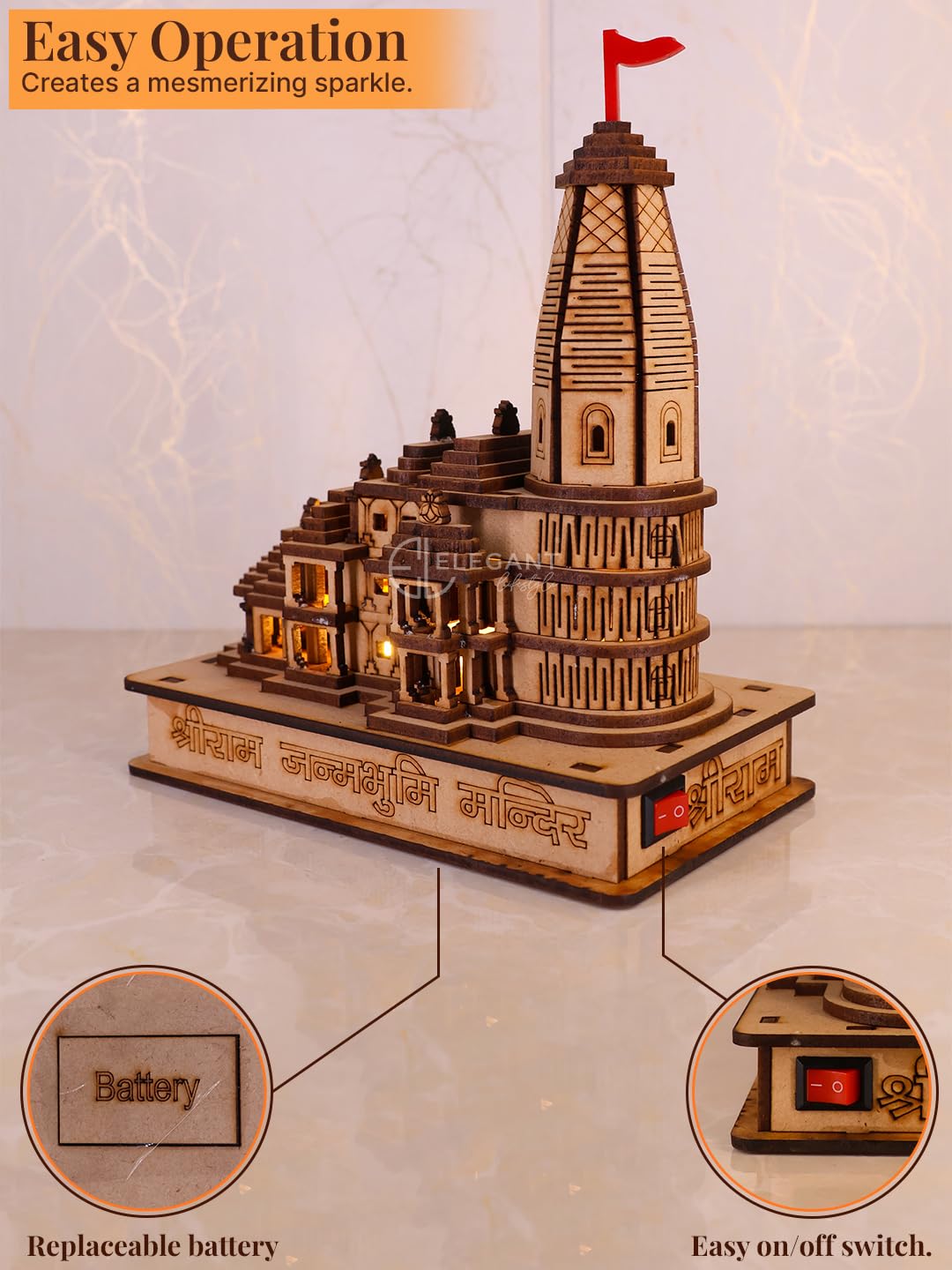 ELEGANT LIFESTYLE 3D Shri Ram Mandir with Light, Souvenir of Ram Janmabhoomi Ayodhya Temple for Home/Office/Gift & Car Dashboard (Wood, Brown, White, 16 cm) 3 71LBEMWkHCL. SL1440