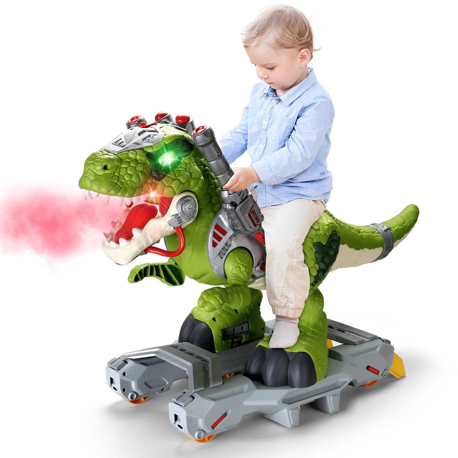 Dinosaur Ride On Toy Cars for Kids, Toddler Electric Ride On Toys with Music, Light & Smoke, Preschool Kids Scooter Foot-to-Floor Walker Indoor Outdoor, Christmas Birthday Gifts for Boys Age 3 4 5