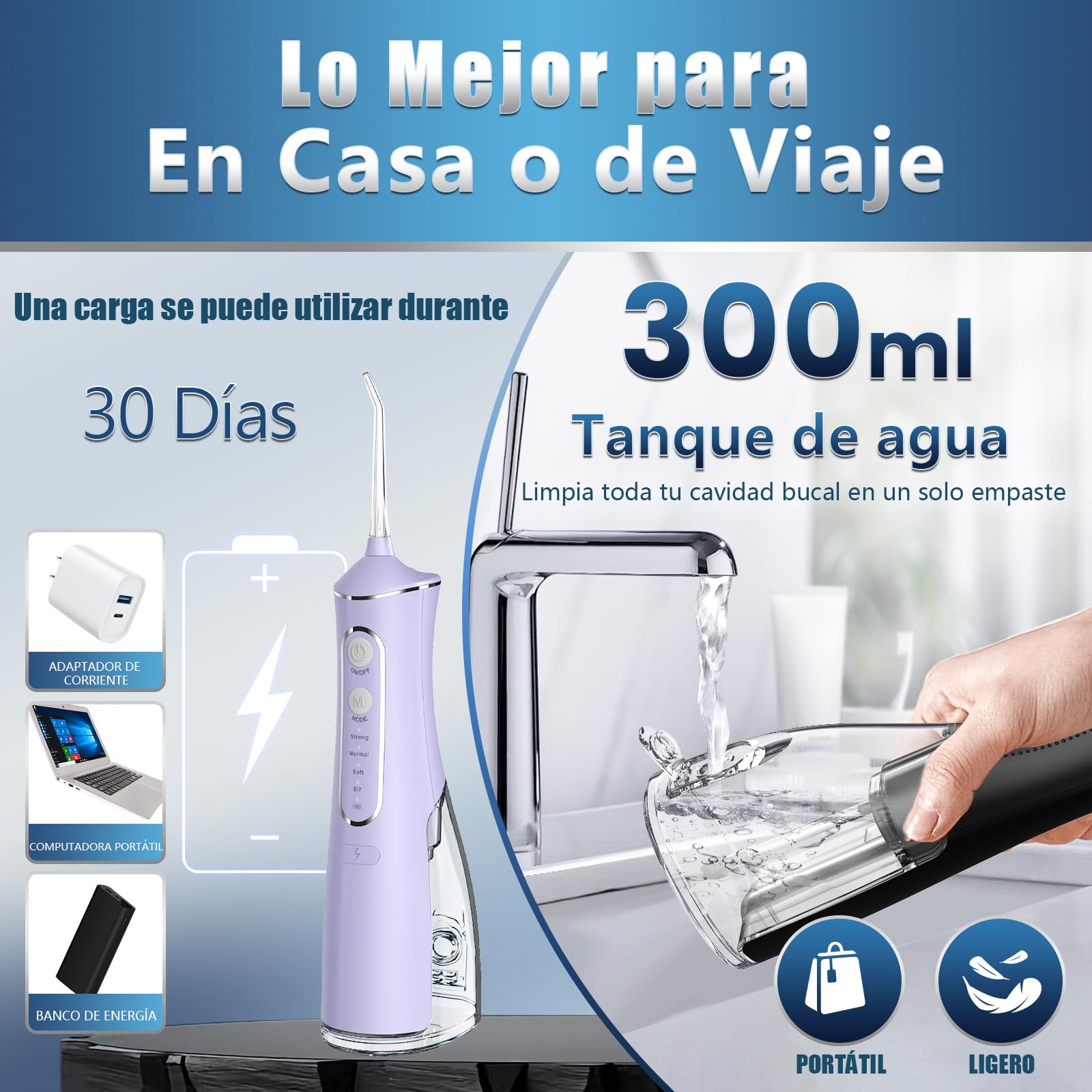 OasiSmile Irrigador Dental, 300ML Irrigador Bucal Profesional con Tecnología DIY Autoajustable, 5 Boquillas y 4 Modos, Para Ortodoncia y Encías Sensibles, Inalámbrico IPX7 para Viaje Hogar, Morado