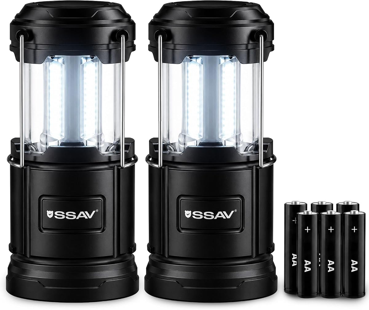 SSAV 2 Pack LED Camping Lantern, Emergency Lanterns for Power Outages & Hurricane Preparedness, Collapsible Portable Survival Lights for Camping, Storms & Emergencies (Batteries Included, Black)