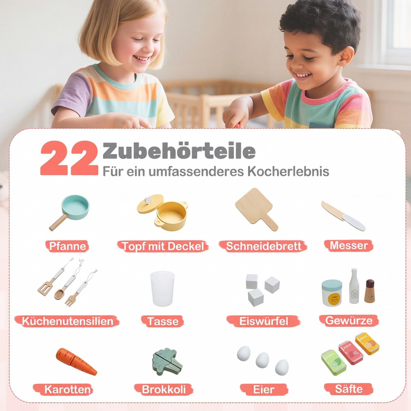 COSTWAY Kinderküche mit Licht und Sound, Eck-Spielküche Holz mit Mülleimer, Doppeltür-Kühlschrank, Spüle, Waschmaschine, Mikrowelle & 22 Zubehörteilen, Holzküche für Kinder ab 3 Jahren (Rosa)