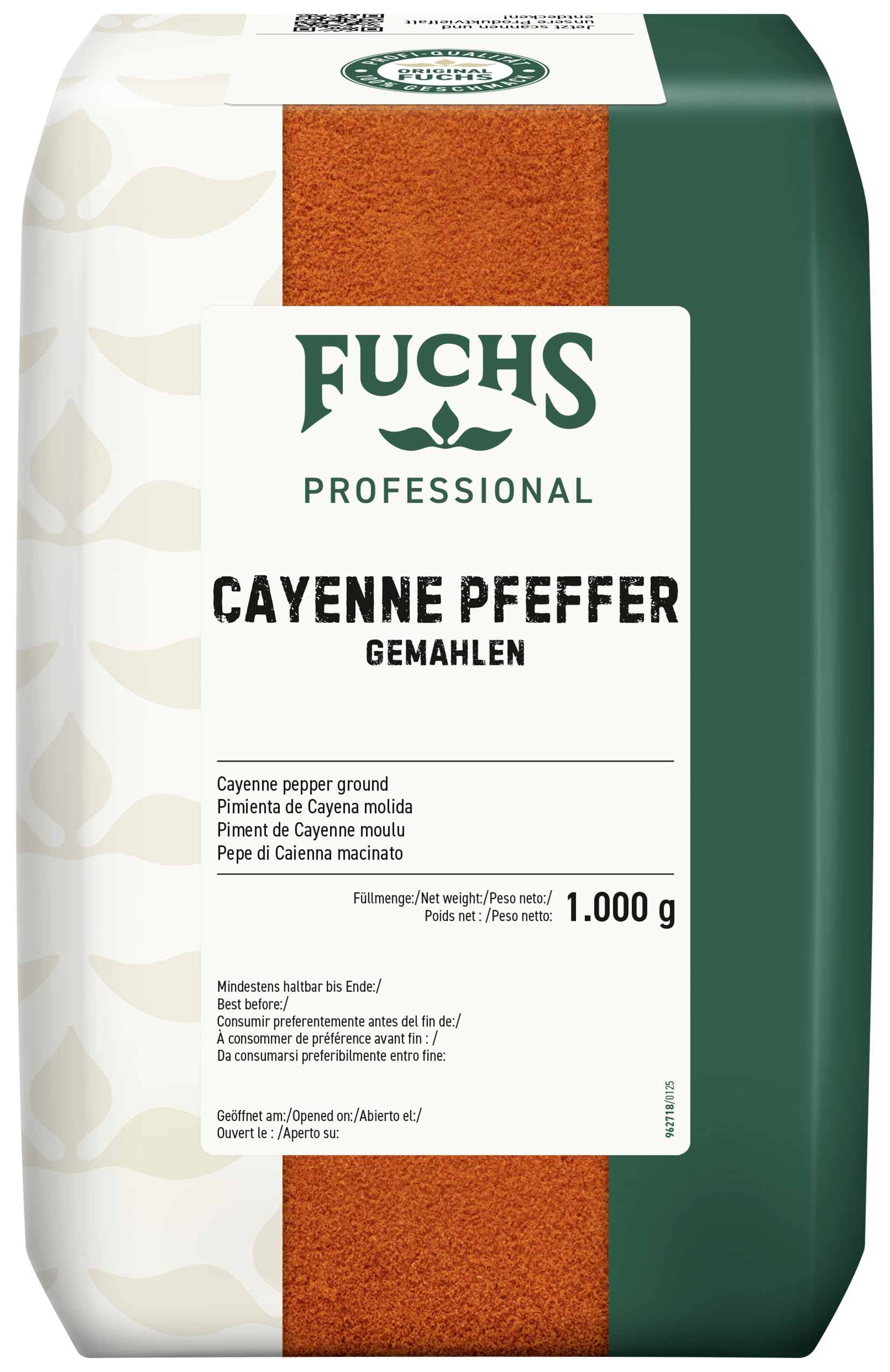 Fuchs Professional - Cayenne Pfeffer gemahlen | Scharfes Gewürz für Chili con Carne | Profi-Qualität für Großverbraucher und Gastronomie | 1 kg im recyclebaren Beutel