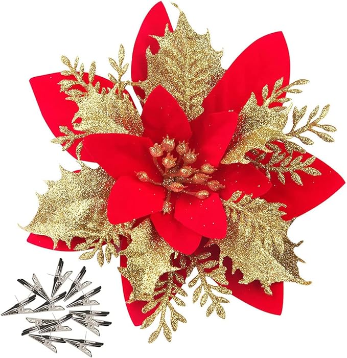 iDopick 16 Pieces Christmas Poinsettia Artificial Christmas Flowers
